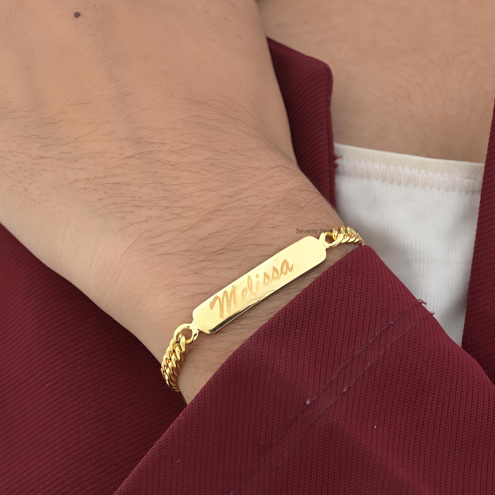 14K Gold Plated Name Bar Bracelet: Custom Engraved Curb Chain - Seventy Seven Jewelry | SKU: SSMJA721-SLYG-8I 14K Gold Plated Name Bar Bracelet: Custom Engraved Curb Chain - Seventy Seven Jewelry | SKU: SSMJA721-SLYG-8I