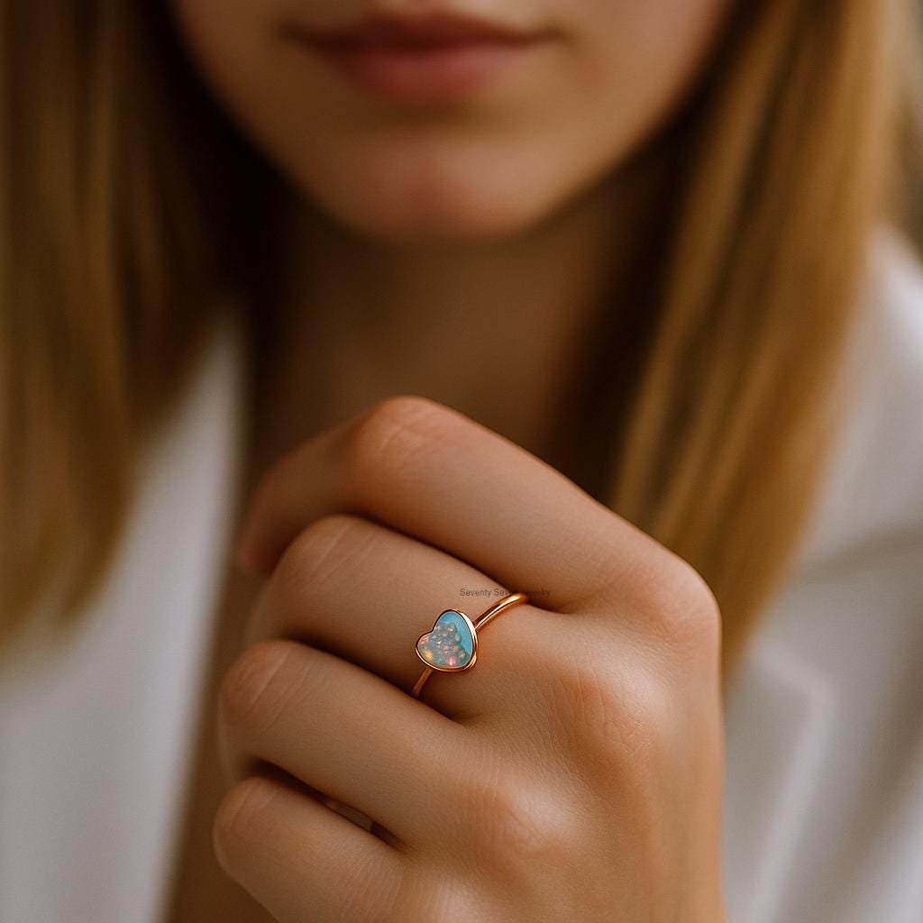 14K Gold Plated Opal Heart Ring: 925 Sterling Silver, October Birthstone - Seventy Seven Jewelry | SKU: SSMJR- 14K Gold Plated Opal Heart Ring: 925 Sterling Silver, October Birthstone - Seventy Seven Jewelry | SKU: SSMJR-