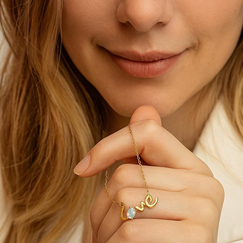 14K Gold Plated Opal Love Necklace, Sterling Silver, Birthstone Jewelry - Seventy Seven Jewelry | SKU: SSMJN- 14K Gold Plated Opal Love Necklace, Sterling Silver, Birthstone Jewelry - Seventy Seven Jewelry | SKU: SSMJN-