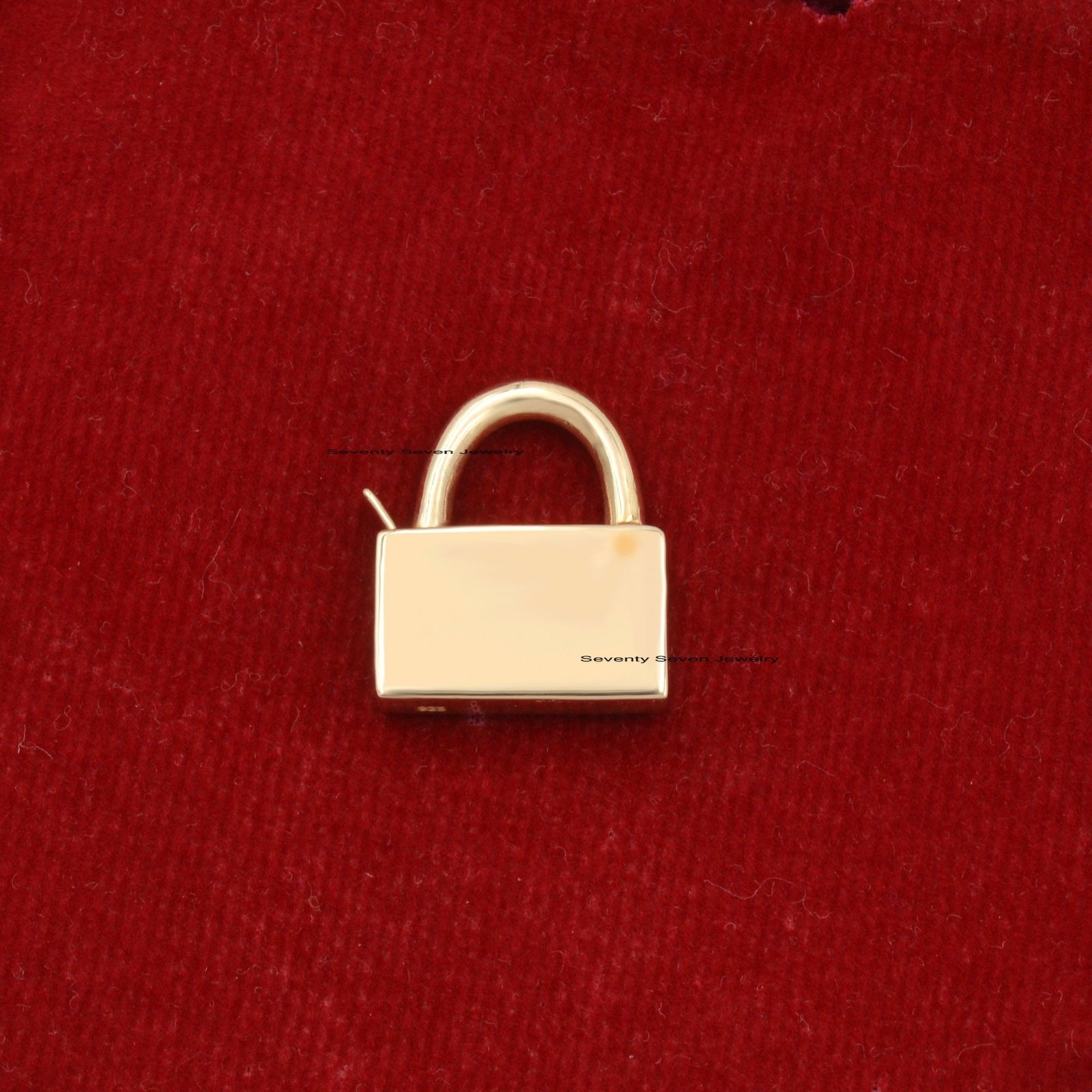 14K Gold Plated Padlock Pendant: Sterling Silver Connector (20x18 MM) - View 3 - Seventy Seven Jewelry | SKU: SSMJP31-1SLYG-2 14K Gold Plated Padlock Pendant: Sterling Silver Connector (20x18 MM) - View 3 - Seventy Seven Jewelry | SKU: SSMJP31-1SLYG-2