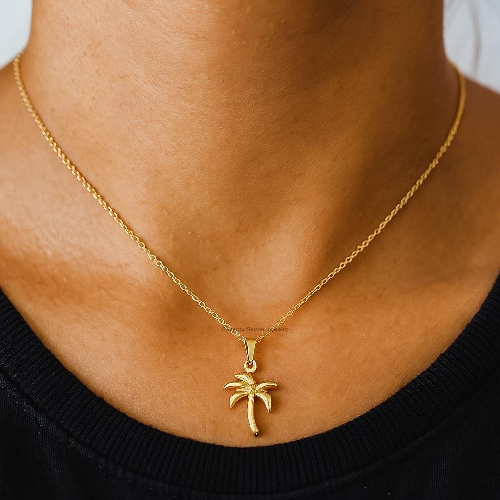 14k Gold Plated Palm Tree Necklace: Sterling Silver Plant Charm - Seventy Seven Jewelry | SKU: SSMJP 14k Gold Plated Palm Tree Necklace: Sterling Silver Plant Charm - Seventy Seven Jewelry | SKU: SSMJP