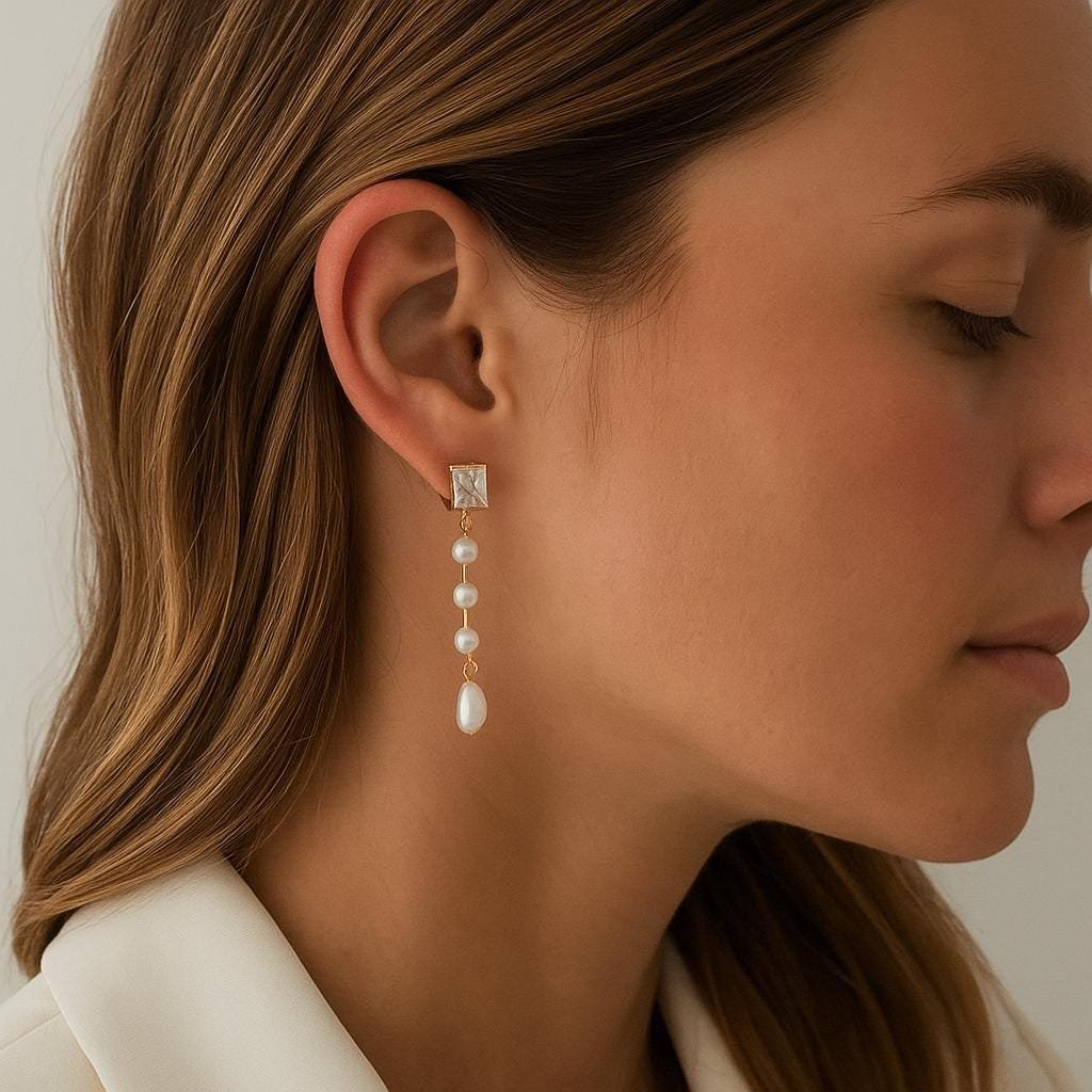 14K Gold Plated Rhinestone & Faux Pearl Decor Drop Earrings - View 2 - Seventy Seven Jewelry | SKU: SSMJE 14K Gold Plated Rhinestone & Faux Pearl Decor Drop Earrings - View 2 - Seventy Seven Jewelry | SKU: SSMJE