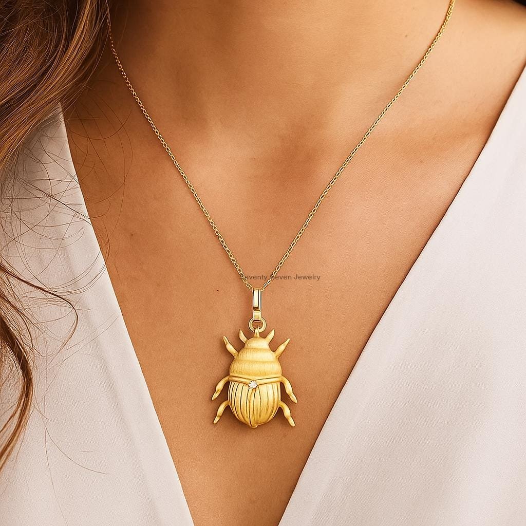 14K Gold Plated Scarab Pendant, Sterling Silver, CZ Gemstone - Seventy Seven Jewelry | SKU: SSMJP 14K Gold Plated Scarab Pendant, Sterling Silver, CZ Gemstone - Seventy Seven Jewelry | SKU: SSMJP