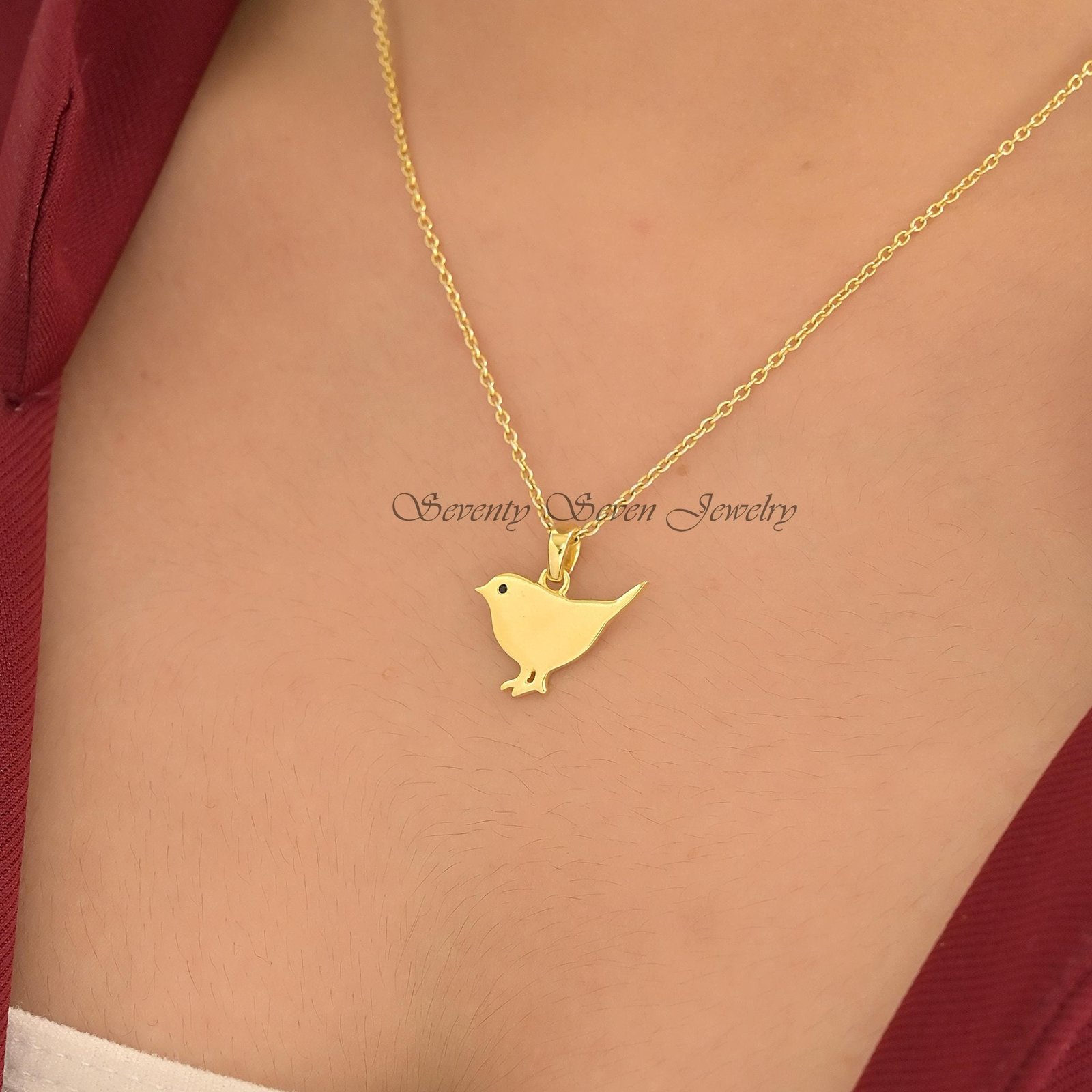 14k Gold Plated Sterling Silver Robin Bird Pendant, Black CZ - View 2 - Seventy Seven Jewelry | SKU: SSMJP5169-SLYGBKCZ-20M 14k Gold Plated Sterling Silver Robin Bird Pendant, Black CZ - View 2 - Seventy Seven Jewelry | SKU: SSMJP5169-SLYGBKCZ-20M