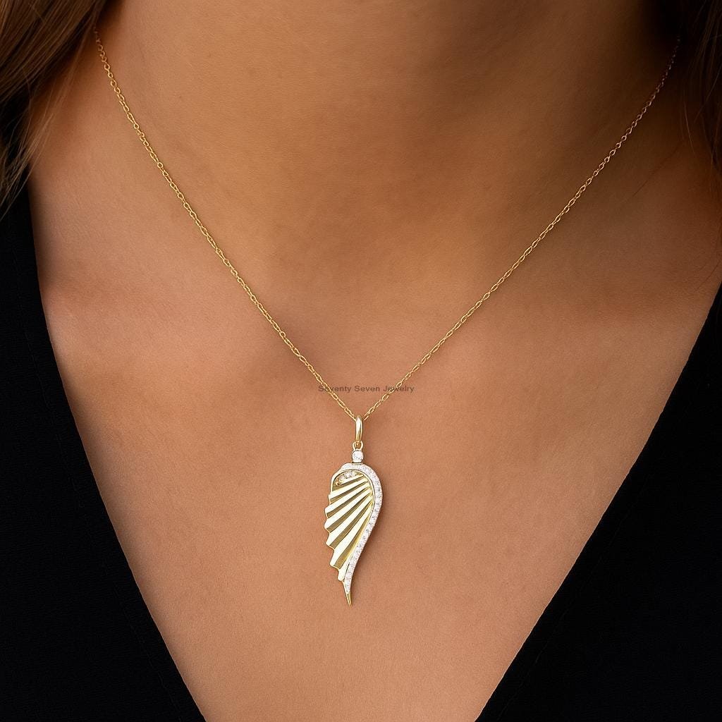 14K Gold Plated Wing Pendant, CZ Gemstone, Angel Charm - Seventy Seven Jewelry | SKU: SSMJP- 14K Gold Plated Wing Pendant, CZ Gemstone, Angel Charm - Seventy Seven Jewelry | SKU: SSMJP-