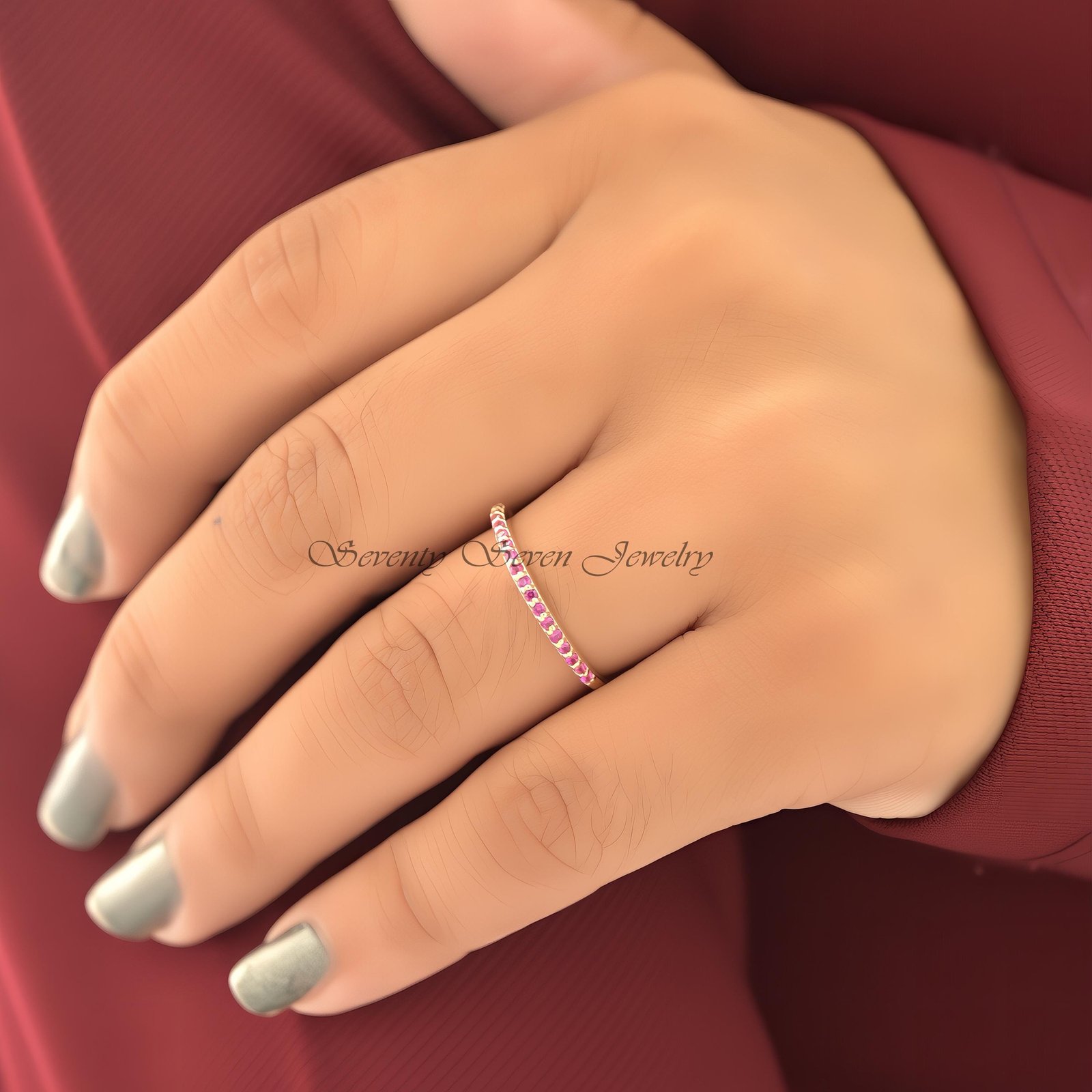 14K Gold Ruby Half Eternity Ring: Dainty Stacking Band - View 2 - Seventy Seven Jewelry | SKU: SSMJR51-14KRGRU-2026 14K Gold Ruby Half Eternity Ring: Dainty Stacking Band - View 2 - Seventy Seven Jewelry | SKU: SSMJR51-14KRGRU-2026