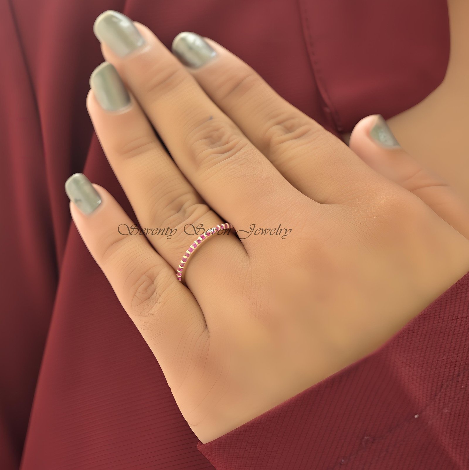 14K Gold Ruby Half Eternity Ring: Dainty Stacking Band - View 3 - Seventy Seven Jewelry | SKU: SSMJR51-14KRGRU-2026 14K Gold Ruby Half Eternity Ring: Dainty Stacking Band - View 3 - Seventy Seven Jewelry | SKU: SSMJR51-14KRGRU-2026