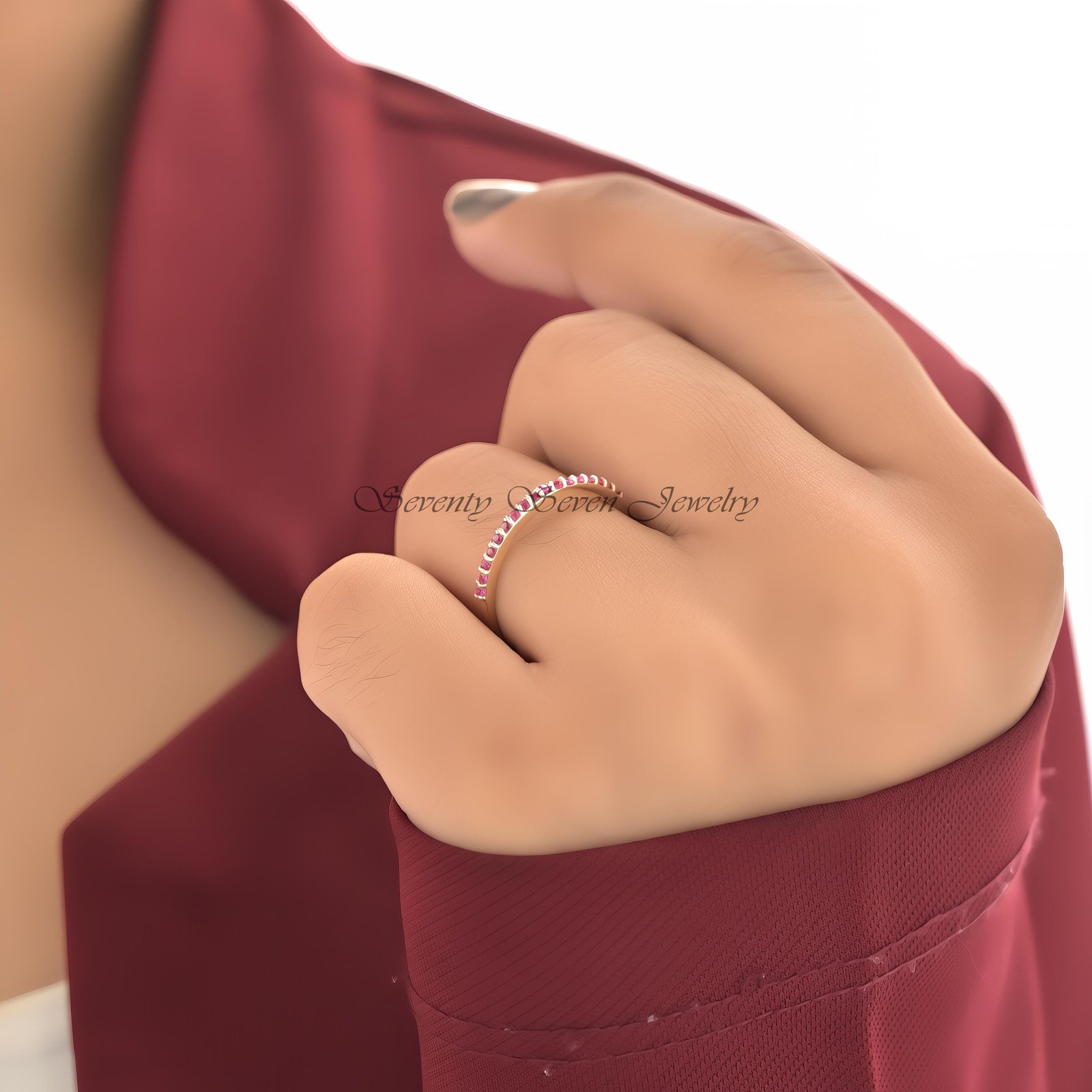 14K Gold Ruby Half Eternity Ring: Dainty Stacking Band - View 4 - Seventy Seven Jewelry | SKU: SSMJR51-14KRGRU-2026 14K Gold Ruby Half Eternity Ring: Dainty Stacking Band - View 4 - Seventy Seven Jewelry | SKU: SSMJR51-14KRGRU-2026