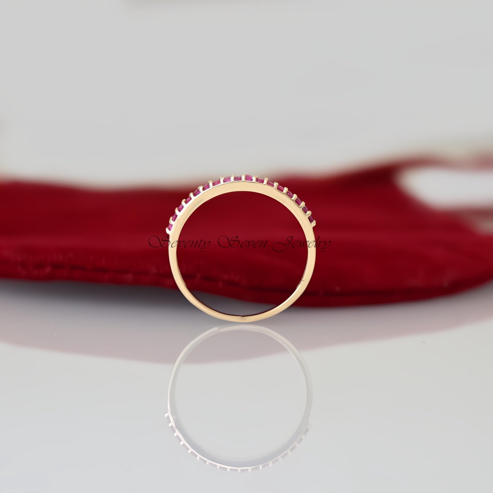 14K Gold Ruby Half Eternity Ring: Dainty Stacking Band - View 6 - Seventy Seven Jewelry | SKU: SSMJR51-14KRGRU-2026 14K Gold Ruby Half Eternity Ring: Dainty Stacking Band - View 6 - Seventy Seven Jewelry | SKU: SSMJR51-14KRGRU-2026