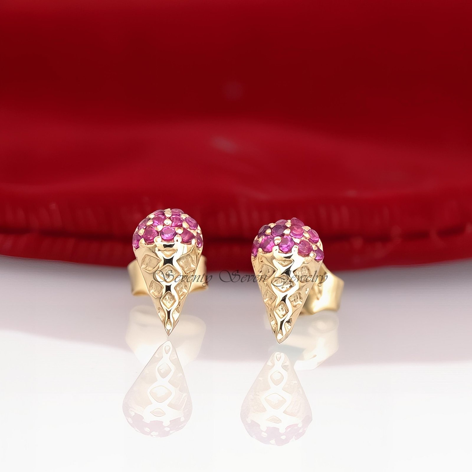 14k Gold Ruby Ice Cream Cone Stud Earrings: Minimalist Gemstone Jewelry - Seventy Seven Jewelry | SKU: SSMJE896-14KYGRU-2026 14k Gold Ruby Ice Cream Cone Stud Earrings: Minimalist Gemstone Jewelry - Seventy Seven Jewelry | SKU: SSMJE896-14KYGRU-2026
