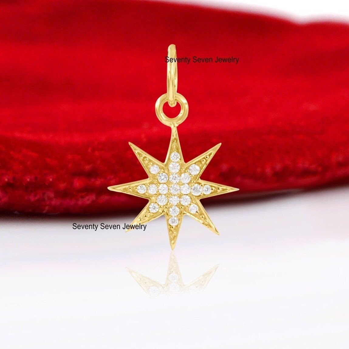 14K Gold Starburst Diamond Pendant - 15mm Star Charm - Seventy Seven Jewelry | SKU: SSMJP461-14KYGDI-2026 14K Gold Starburst Diamond Pendant - 15mm Star Charm - Seventy Seven Jewelry | SKU: SSMJP461-14KYGDI-2026