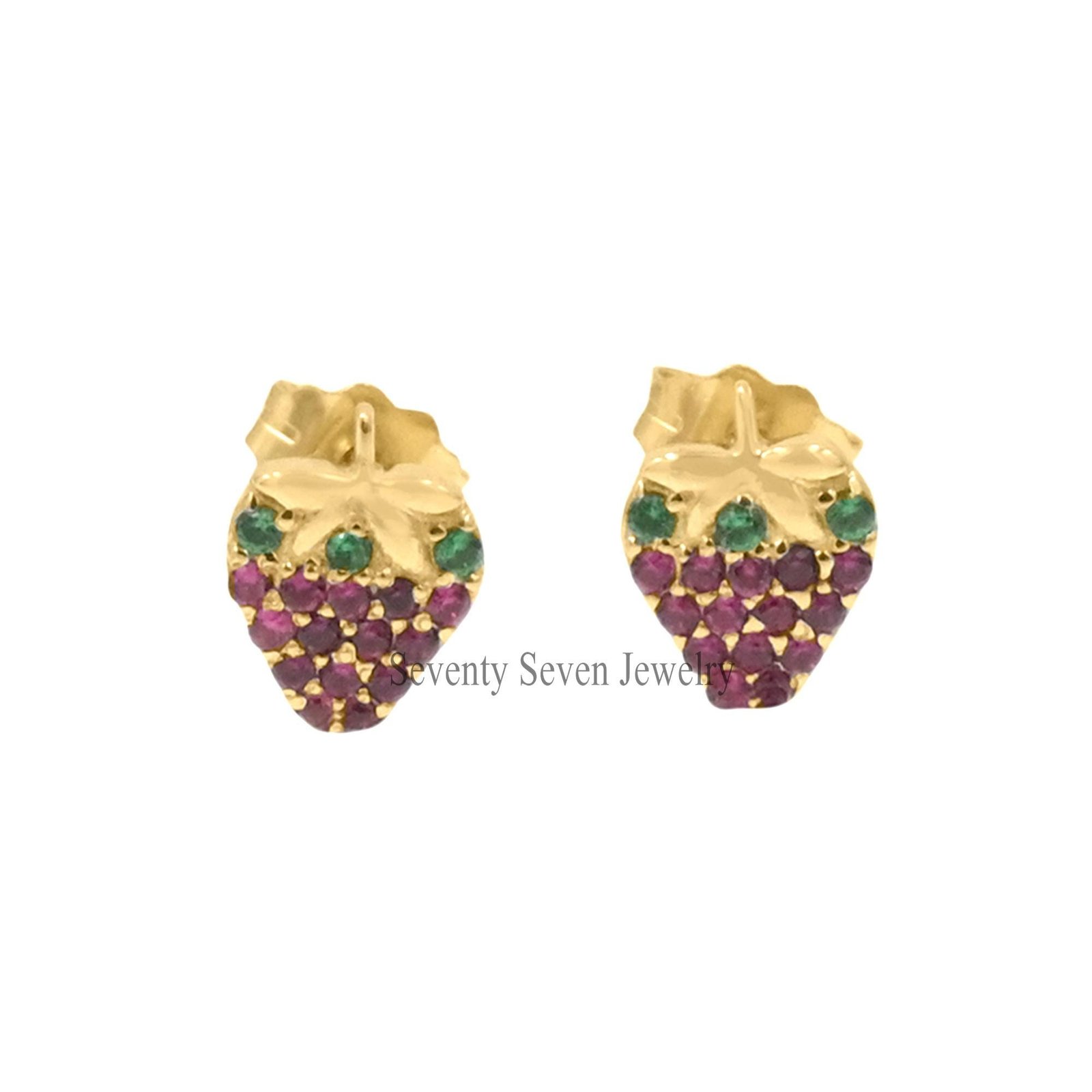 14k Gold Strawberry Studs: Ruby & Emerald Berry Earrings - Seventy Seven Jewelry | SKU: SSMJE892-14KYGEMRU-2026 14k Gold Strawberry Studs: Ruby & Emerald Berry Earrings - Seventy Seven Jewelry | SKU: SSMJE892-14KYGEMRU-2026