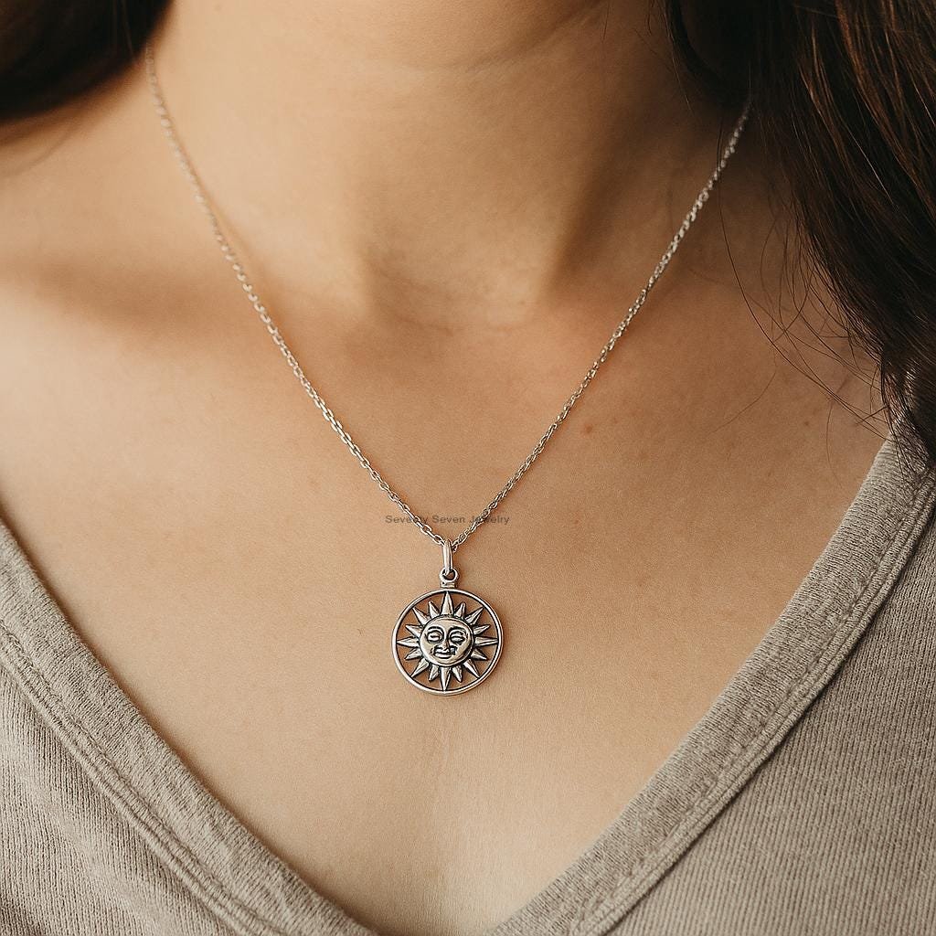 14K Gold Sun Face Pendant, Sterling Silver Disc (20 MM) - Seventy Seven Jewelry | SKU: SSMJP 14K Gold Sun Face Pendant, Sterling Silver Disc (20 MM) - Seventy Seven Jewelry | SKU: SSMJP