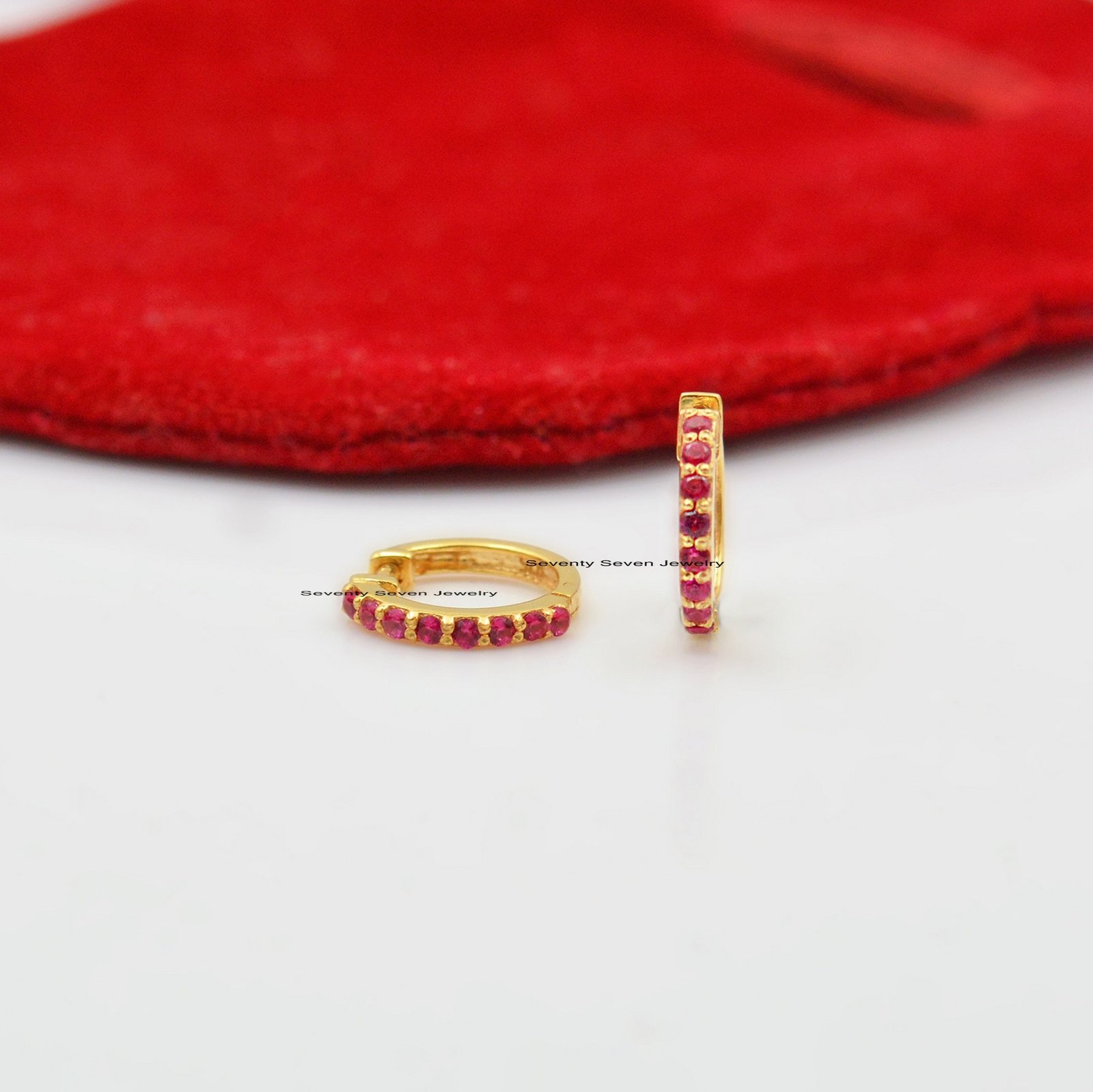 14K Gold Turquoise Huggie Hoop Earrings: Dainty Diamond Huggies - View 2 - Seventy Seven Jewelry | SKU: SSMJE917-14KYGDI-2026 14K Gold Turquoise Huggie Hoop Earrings: Dainty Diamond Huggies - View 2 - Seventy Seven Jewelry | SKU: SSMJE917-14KYGDI-2026