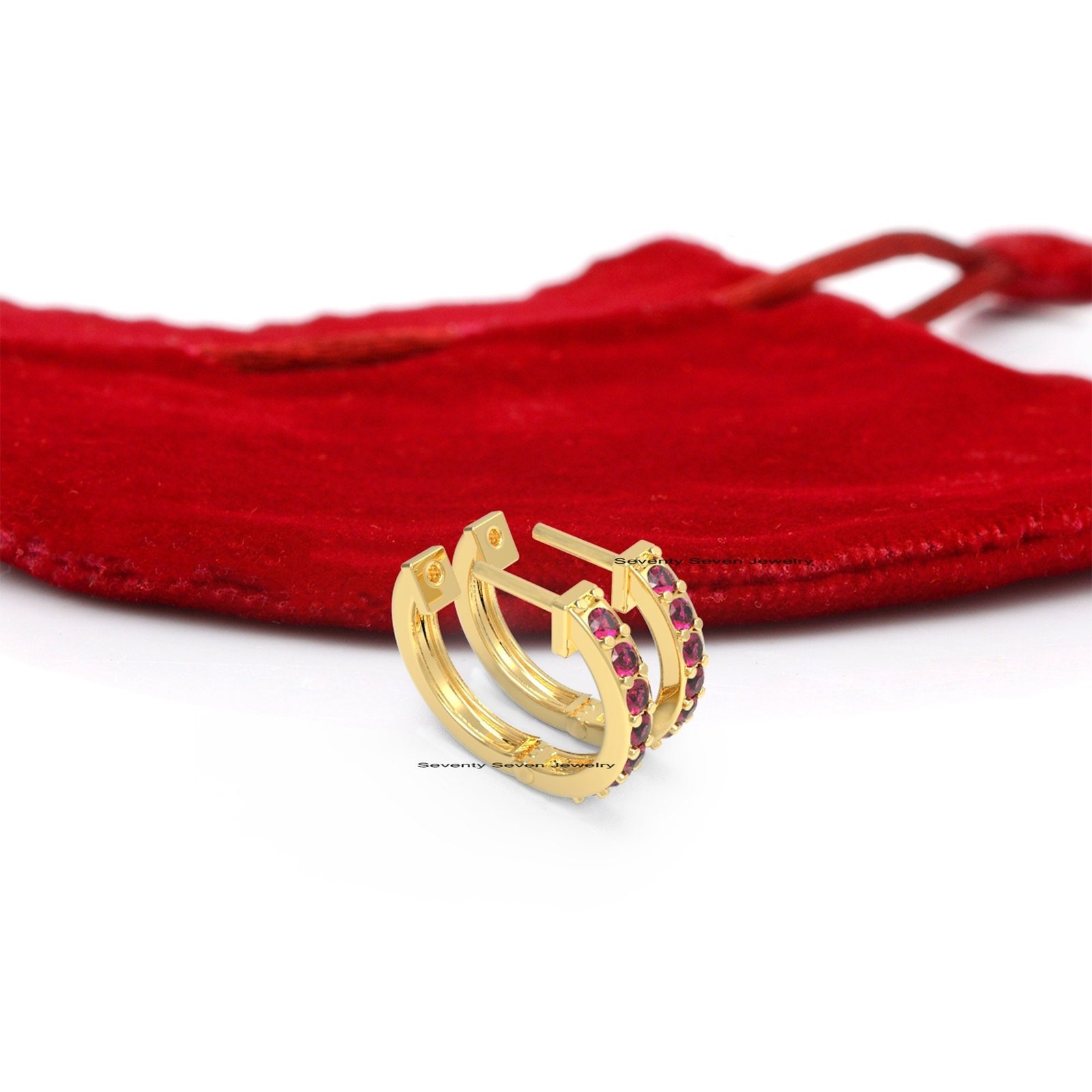 14K Gold Turquoise Huggie Hoop Earrings: Dainty Diamond Huggies - View 6 - Seventy Seven Jewelry | SKU: SSMJE917-14KYGDI-2026 14K Gold Turquoise Huggie Hoop Earrings: Dainty Diamond Huggies - View 6 - Seventy Seven Jewelry | SKU: SSMJE917-14KYGDI-2026