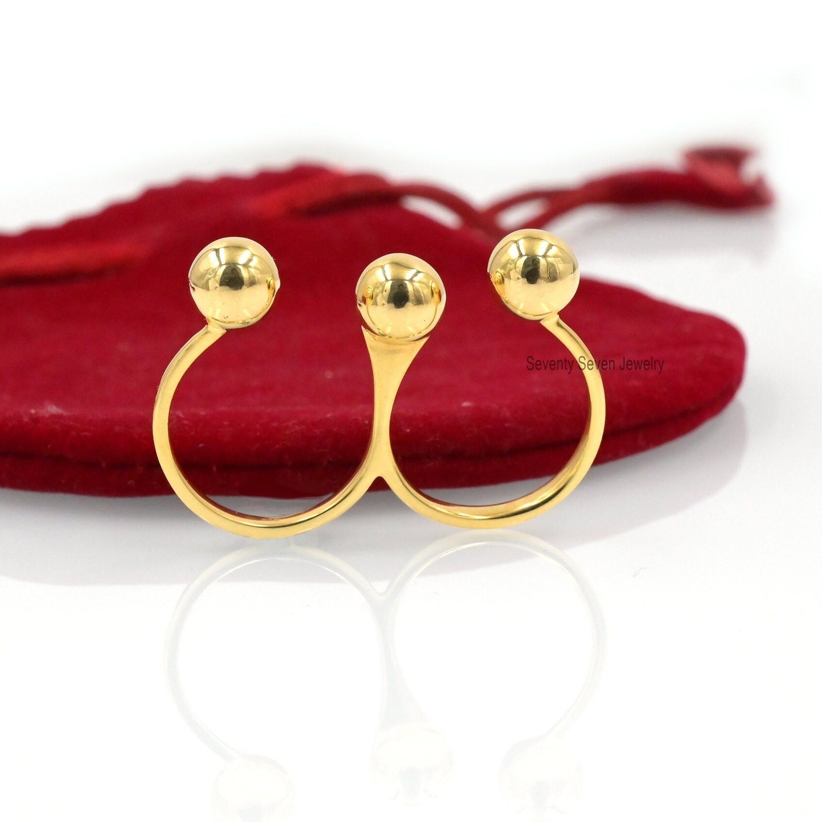14K Gold Two Finger Ring: Minimalist Double Band - View 2 - Seventy Seven Jewelry | SKU: SSMJR07-14KYG-2026 14K Gold Two Finger Ring: Minimalist Double Band - View 2 - Seventy Seven Jewelry | SKU: SSMJR07-14KYG-2026