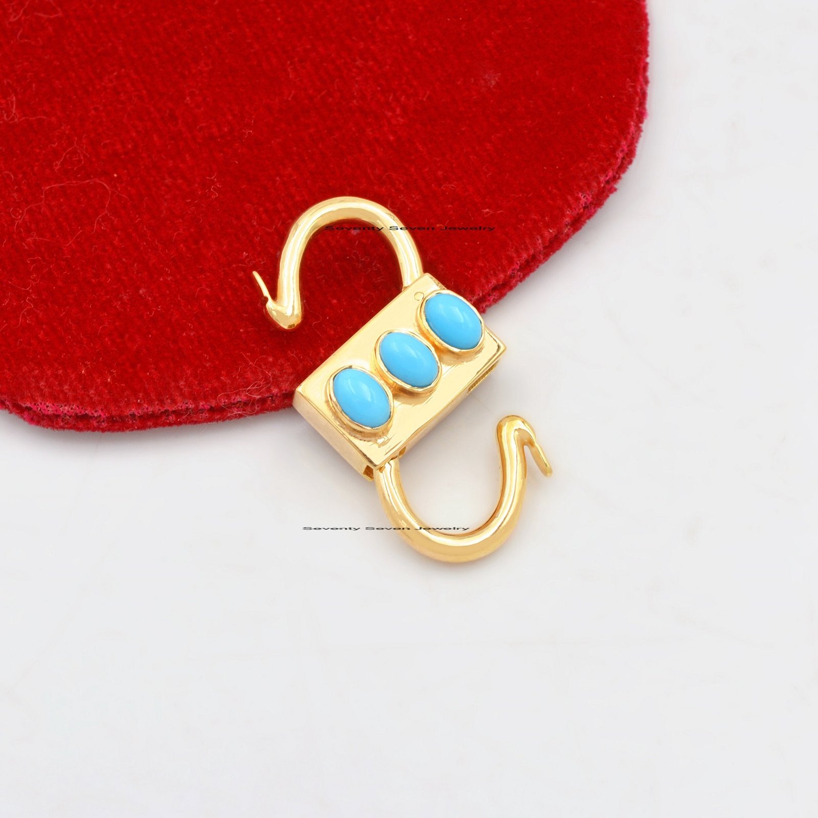 14k Gold Vermeil Turquoise Padlock Pendant: Openable Sterling Silver Charm - Seventy Seven Jewelry | SKU: SSMJP31-SLYGTQ-2026 14k Gold Vermeil Turquoise Padlock Pendant: Openable Sterling Silver Charm - Seventy Seven Jewelry | SKU: SSMJP31-SLYGTQ-2026