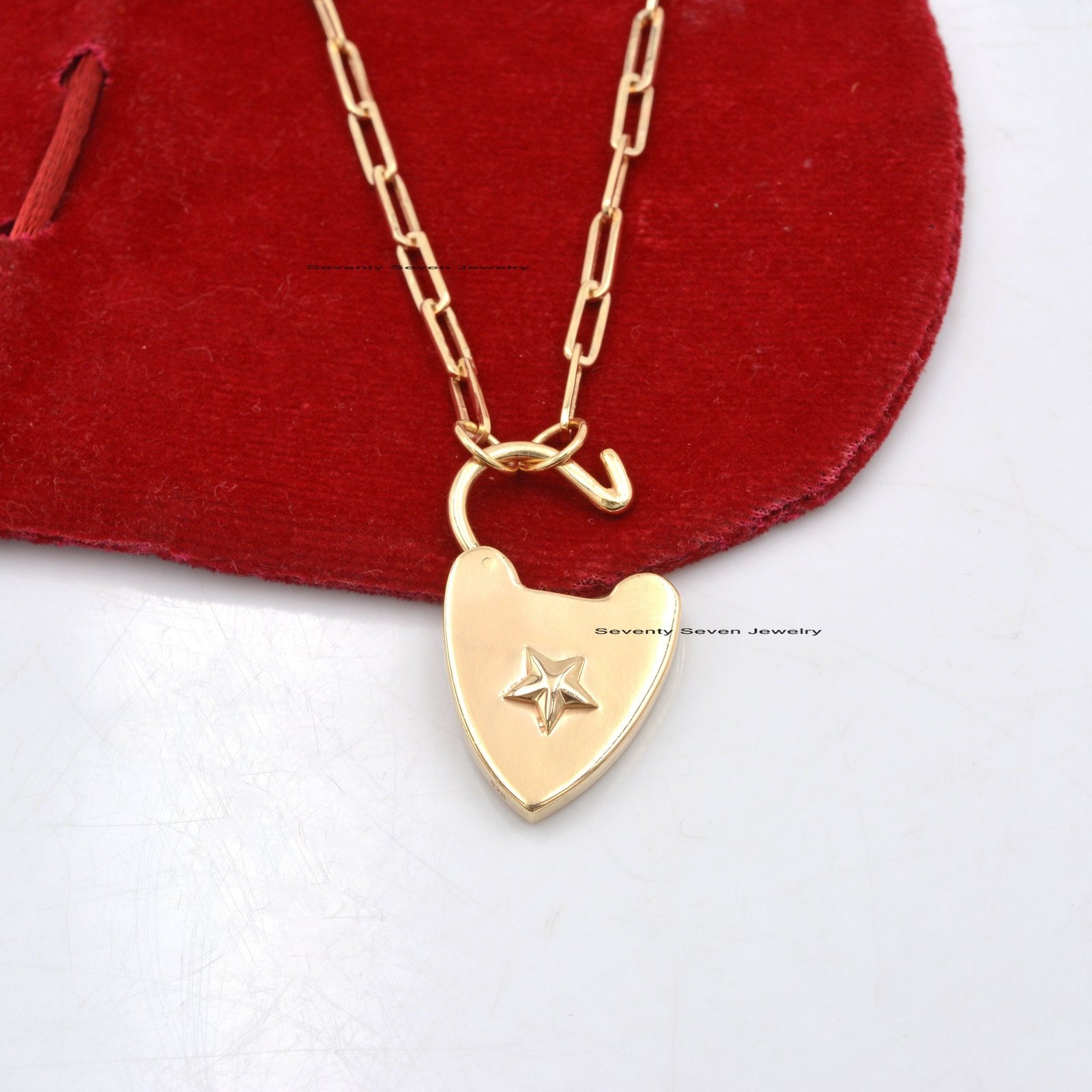 14K Solid Gold Heart Padlock Pendant: Openable Connector - View 2 - Seventy Seven Jewelry | SKU: SSMJH47-14KYG-2026 14K Solid Gold Heart Padlock Pendant: Openable Connector - View 2 - Seventy Seven Jewelry | SKU: SSMJH47-14KYG-2026