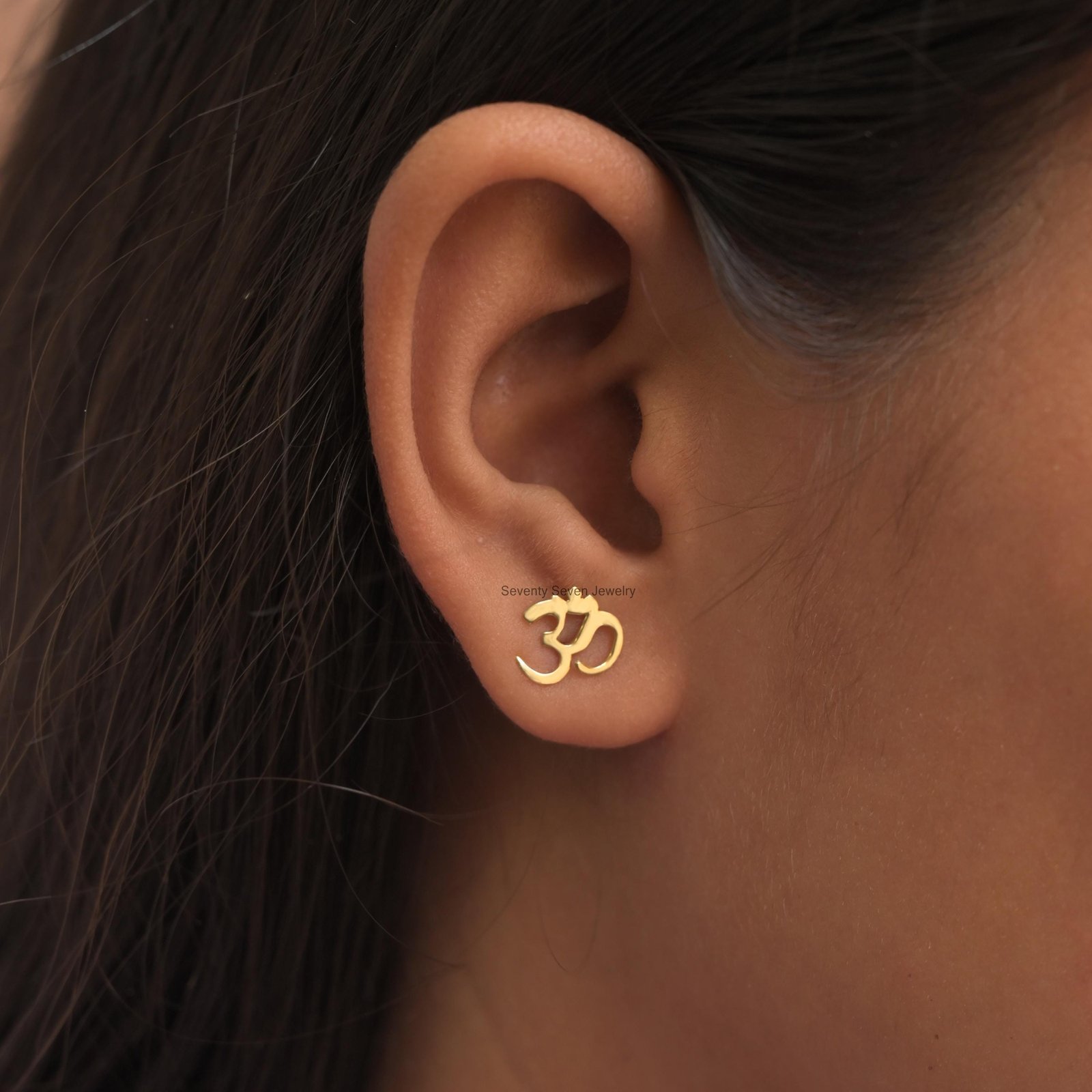 14k Solid Gold Om Studs: Religious Symbol Earrings (10MM) - View 2 - Seventy Seven Jewelry | SKU: SSMJE15-14KYG-2026 14k Solid Gold Om Studs: Religious Symbol Earrings (10MM) - View 2 - Seventy Seven Jewelry | SKU: SSMJE15-14KYG-2026