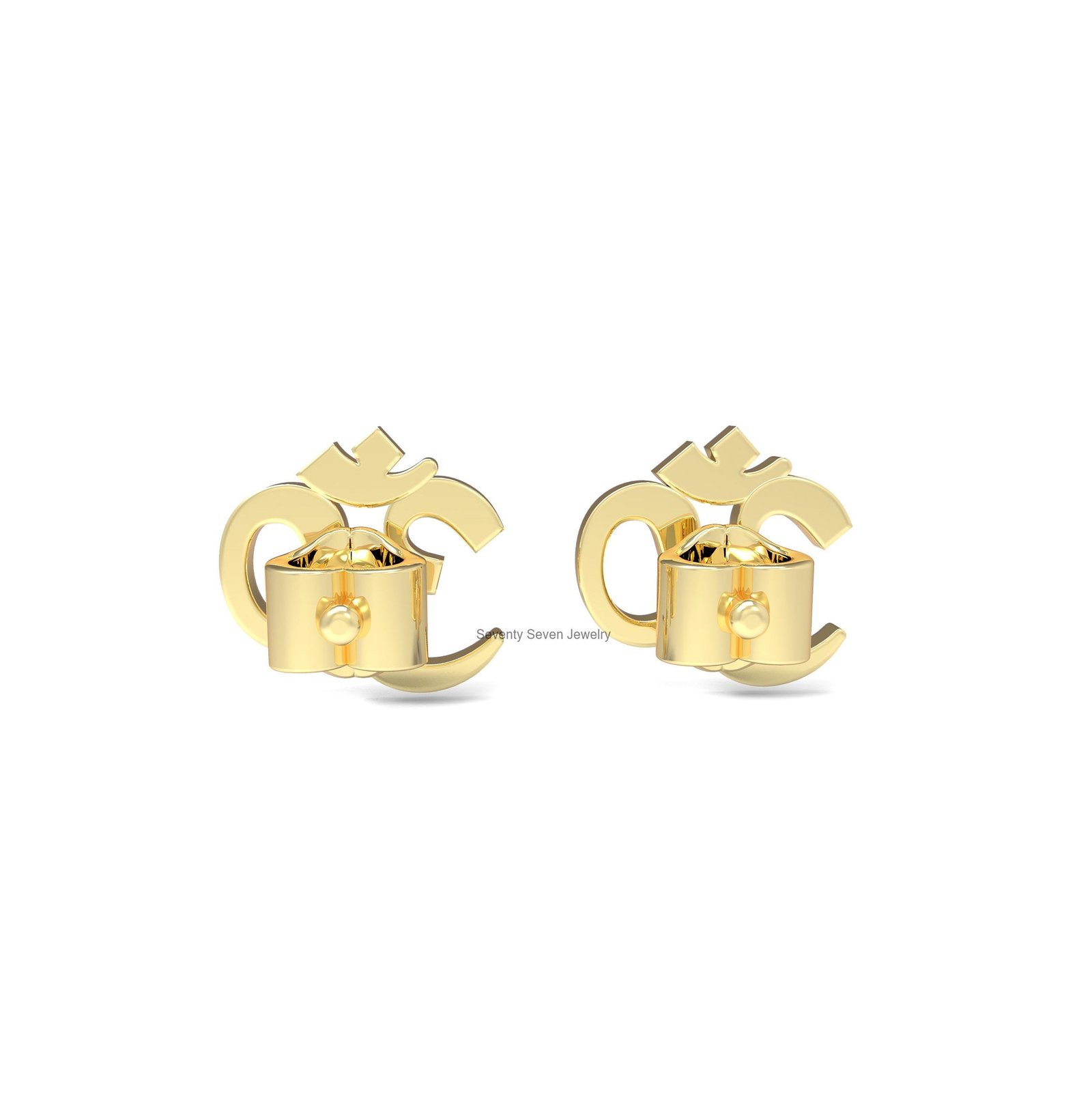 14k Solid Gold Om Studs: Religious Symbol Earrings (10MM) - View 4 - Seventy Seven Jewelry | SKU: SSMJE15-14KYG-2026 14k Solid Gold Om Studs: Religious Symbol Earrings (10MM) - View 4 - Seventy Seven Jewelry | SKU: SSMJE15-14KYG-2026