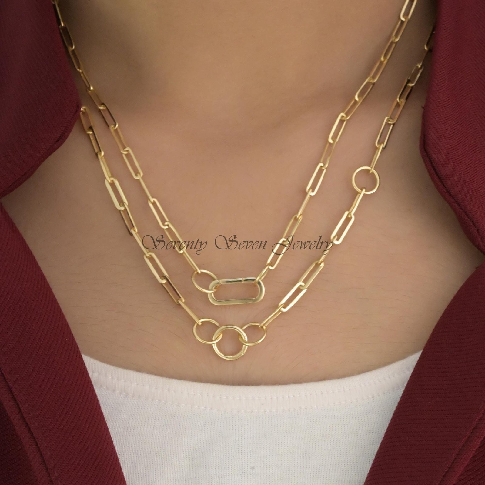 18K Gold Charm Enhancer Link: Elongated Oval Pendant (15x7 MM) - View 2 - Seventy Seven Jewelry | SKU: SSMJH445-18KYG-2026 18K Gold Charm Enhancer Link: Elongated Oval Pendant (15x7 MM) - View 2 - Seventy Seven Jewelry | SKU: SSMJH445-18KYG-2026