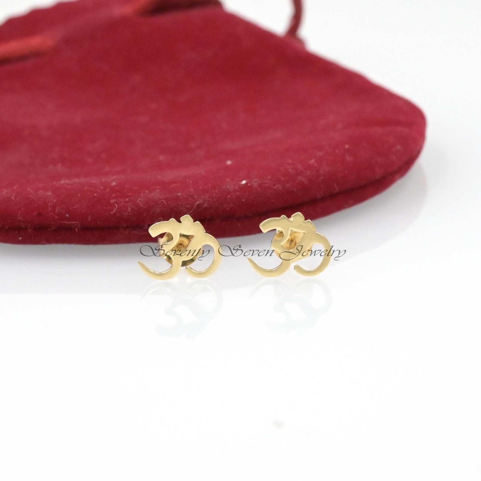 18K Gold OM Stud Earrings: Spiritual Aum Symbol - Seventy Seven Jewelry | SKU: SSMJE15-18KYG-2026 18K Gold OM Stud Earrings: Spiritual Aum Symbol - Seventy Seven Jewelry | SKU: SSMJE15-18KYG-2026
