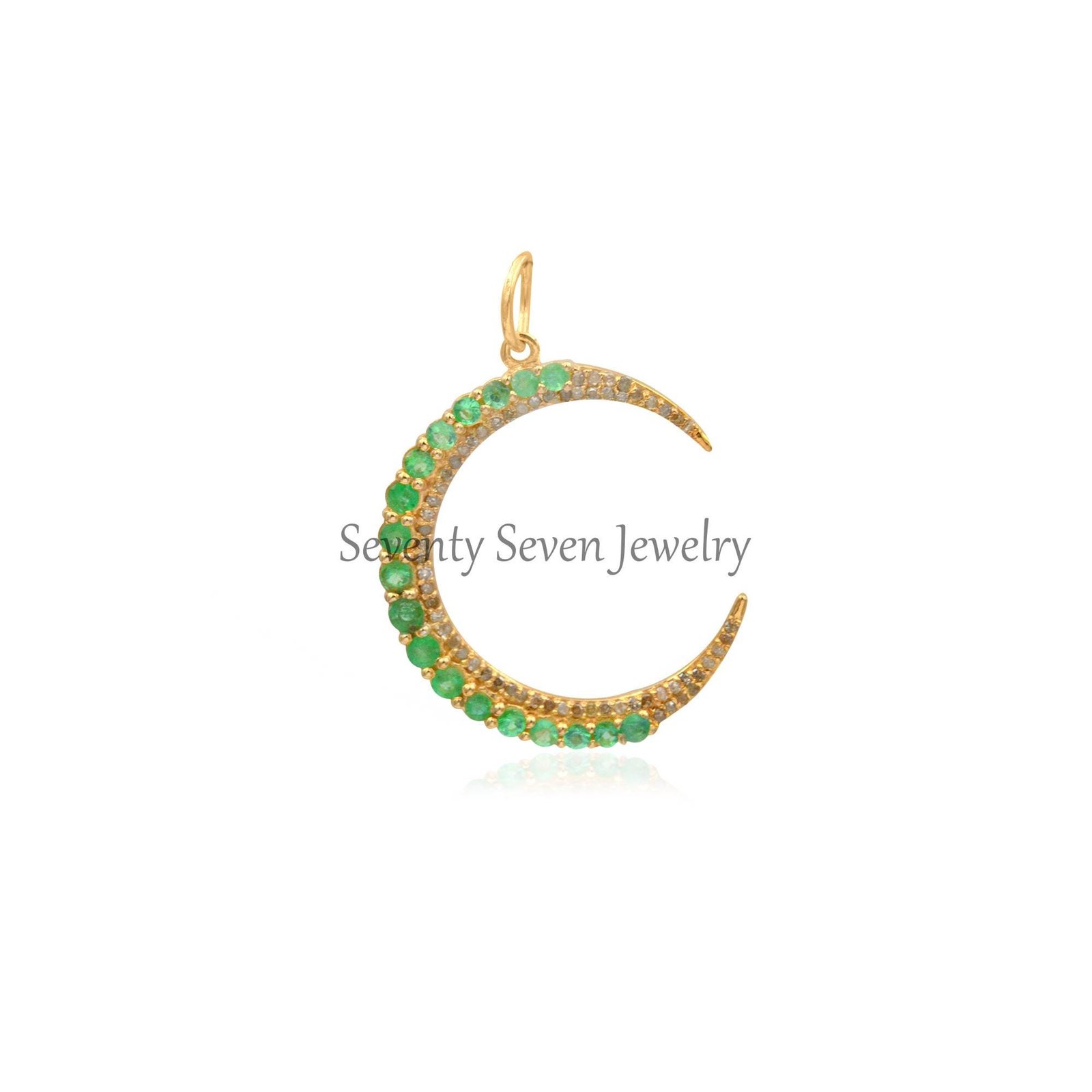 925 Silver Crescent Moon Pendant: Diamond & Gemstone Half Charm - Seventy Seven Jewelry | SKU: SSMJP1064-SLYGDIEM-40M-2026 925 Silver Crescent Moon Pendant: Diamond & Gemstone Half Charm - Seventy Seven Jewelry | SKU: SSMJP1064-SLYGDIEM-40M-2026