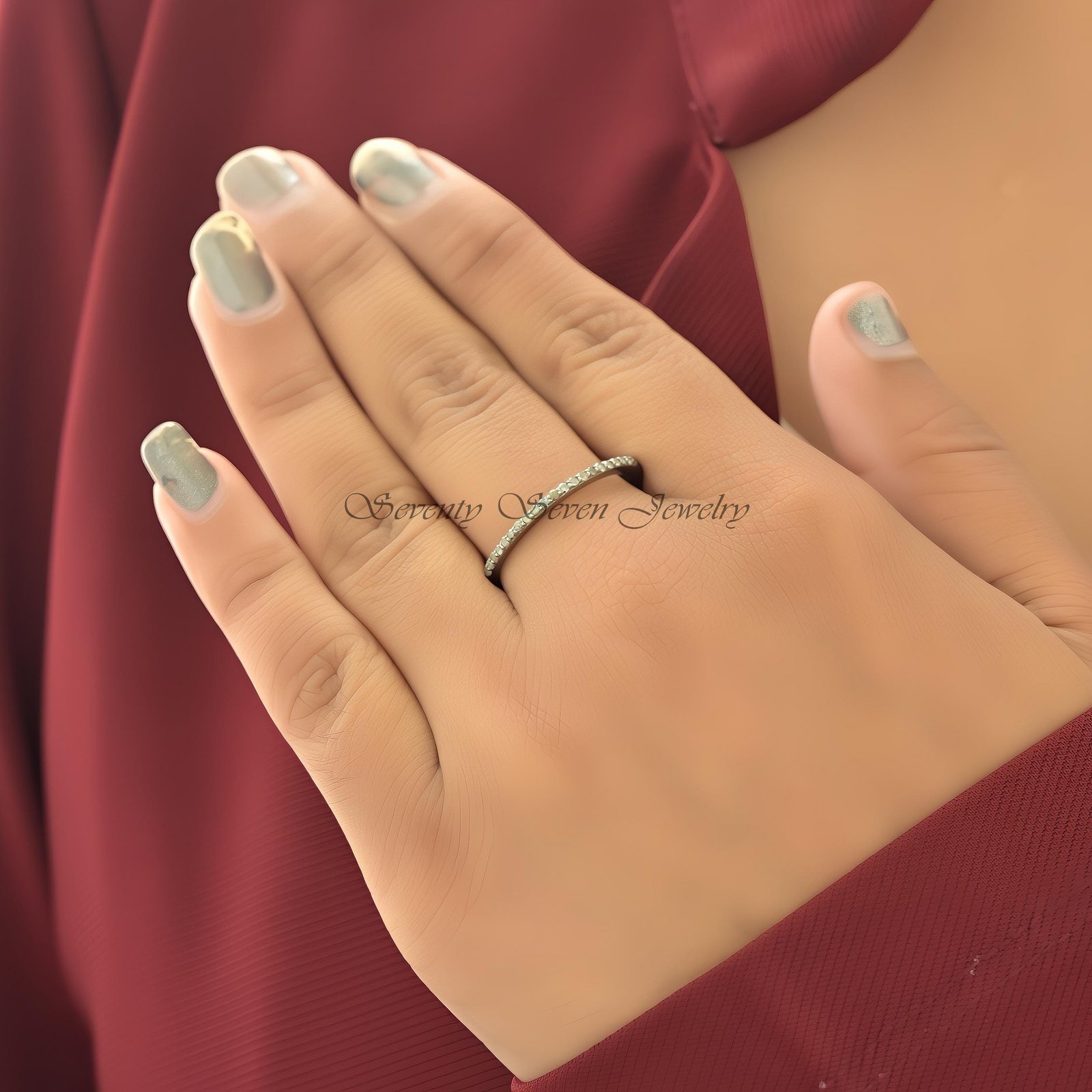 925 Silver Diamond Eternity Band Ring: Minimalist Stacking - View 2 - Seventy Seven Jewelry | SKU: SSMJR389-SLRHDI-2026 925 Silver Diamond Eternity Band Ring: Minimalist Stacking - View 2 - Seventy Seven Jewelry | SKU: SSMJR389-SLRHDI-2026
