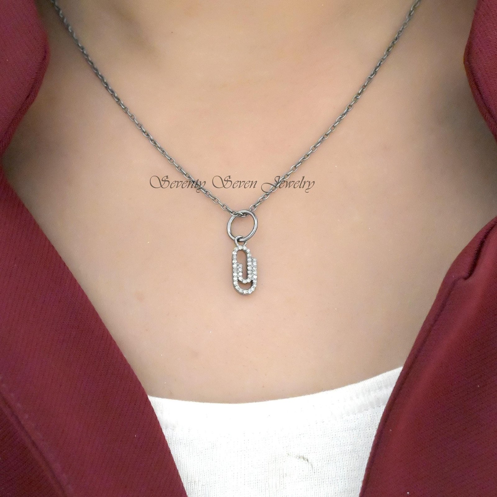 925 Silver Diamond Paper Clip Pendant: Designer Charm Enhancer - View 2 - Seventy Seven Jewelry | SKU: SSMJP682-SLYGDI,SSMJP6 925 Silver Diamond Paper Clip Pendant: Designer Charm Enhancer - View 2 - Seventy Seven Jewelry | SKU: SSMJP682-SLYGDI,SSMJP6