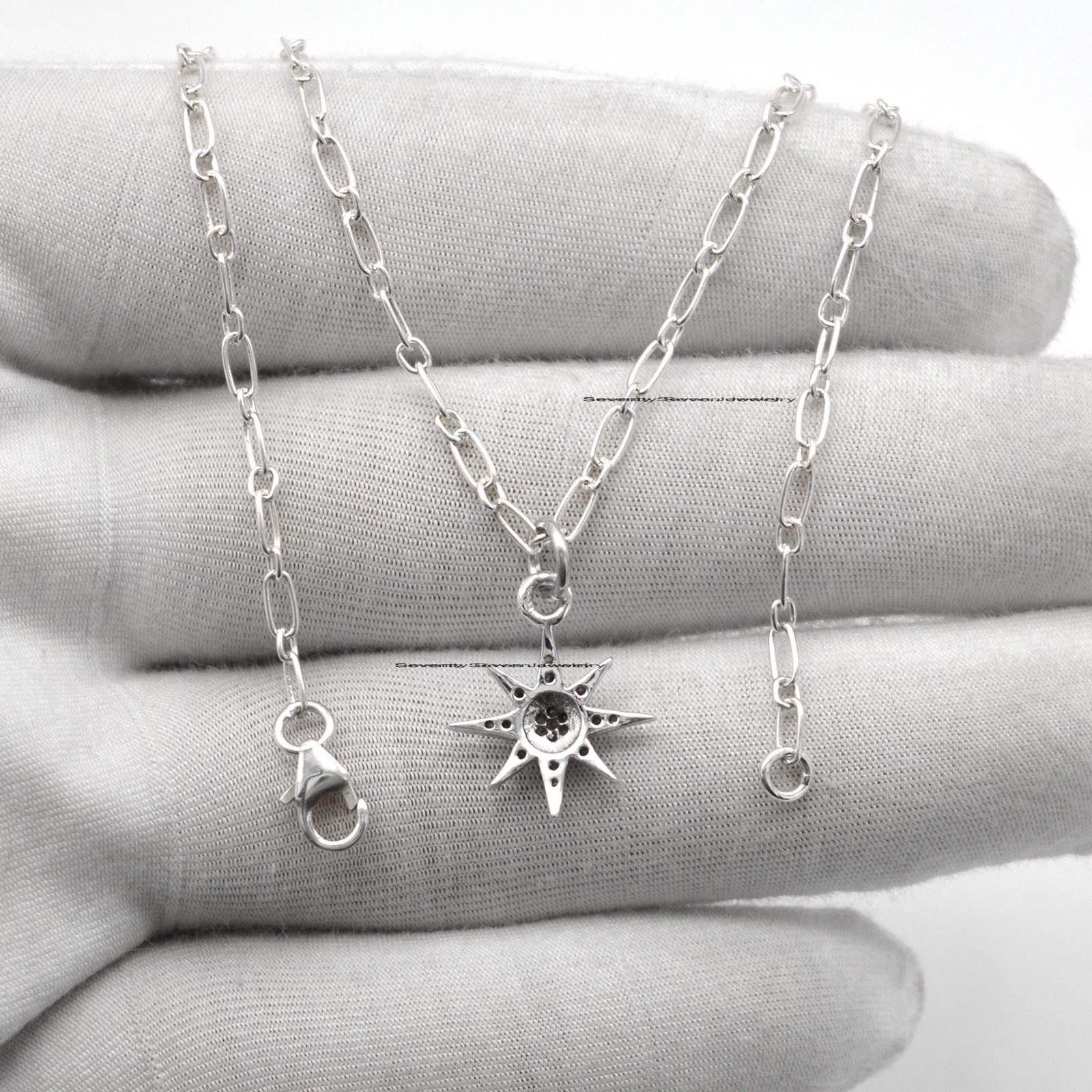 925 Silver Diamond Starburst Pendant Necklace: Christmas Jewelry - View 7 - Seventy Seven Jewelry | SKU: SSMJP08-SLWGDI-N36-2 925 Silver Diamond Starburst Pendant Necklace: Christmas Jewelry - View 7 - Seventy Seven Jewelry | SKU: SSMJP08-SLWGDI-N36-2