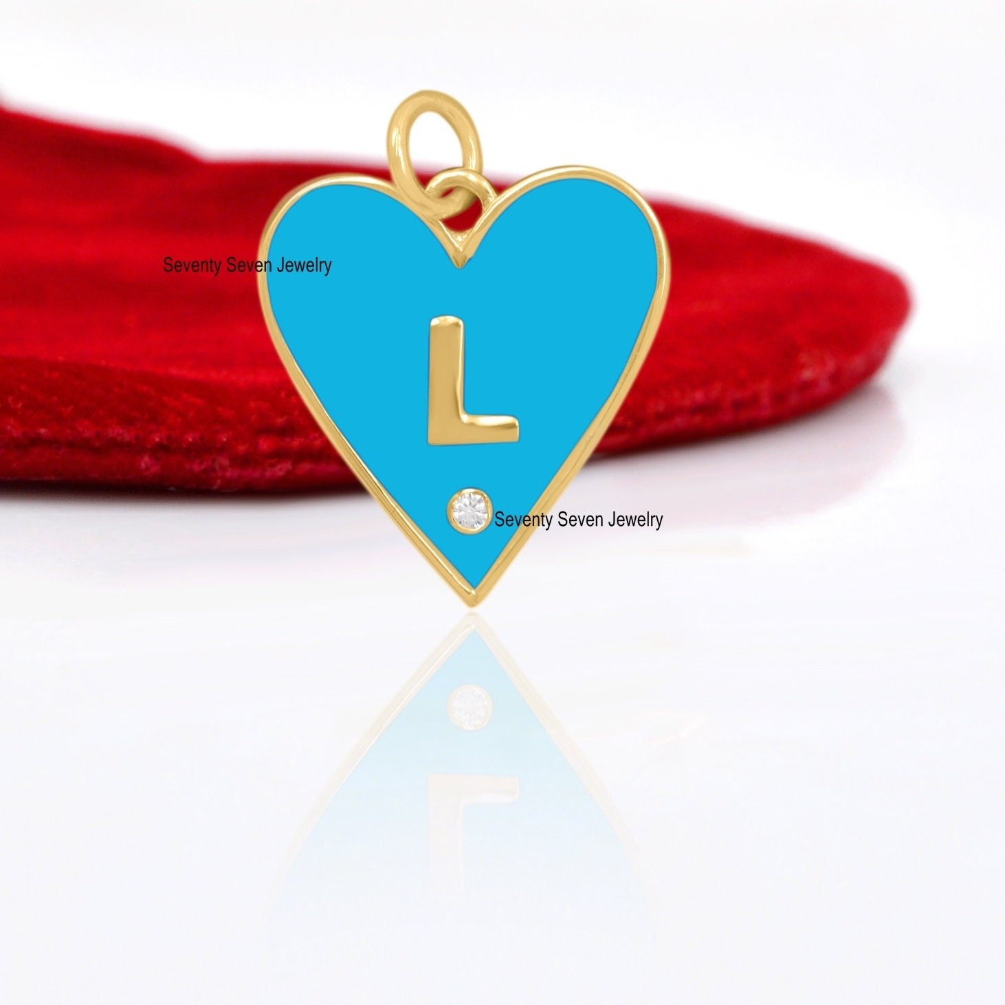 925 Silver Enamel Heart Charm Pendant: Diamond Initial Letter - View 2 - Seventy Seven Jewelry | SKU: SSMJP500-SLYGBKELDI-A-2 925 Silver Enamel Heart Charm Pendant: Diamond Initial Letter - View 2 - Seventy Seven Jewelry | SKU: SSMJP500-SLYGBKELDI-A-2
