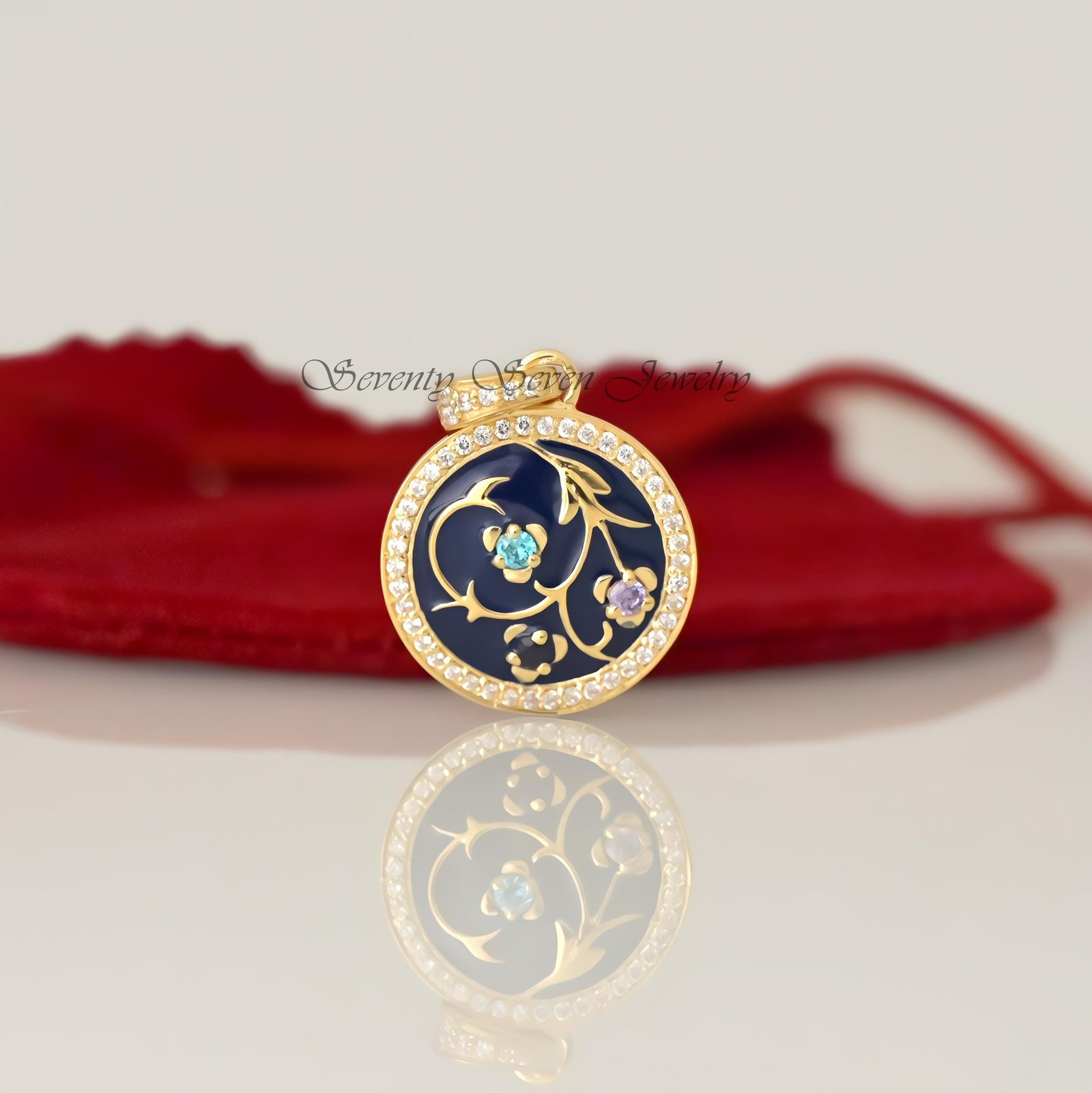 925 Silver Enamel Round Pendant: Sapphire Floral Charm - Seventy Seven Jewelry | SKU: SSMJP257-SLRHDITLELTQ-2026 925 Silver Enamel Round Pendant: Sapphire Floral Charm - Seventy Seven Jewelry | SKU: SSMJP257-SLRHDITLELTQ-2026