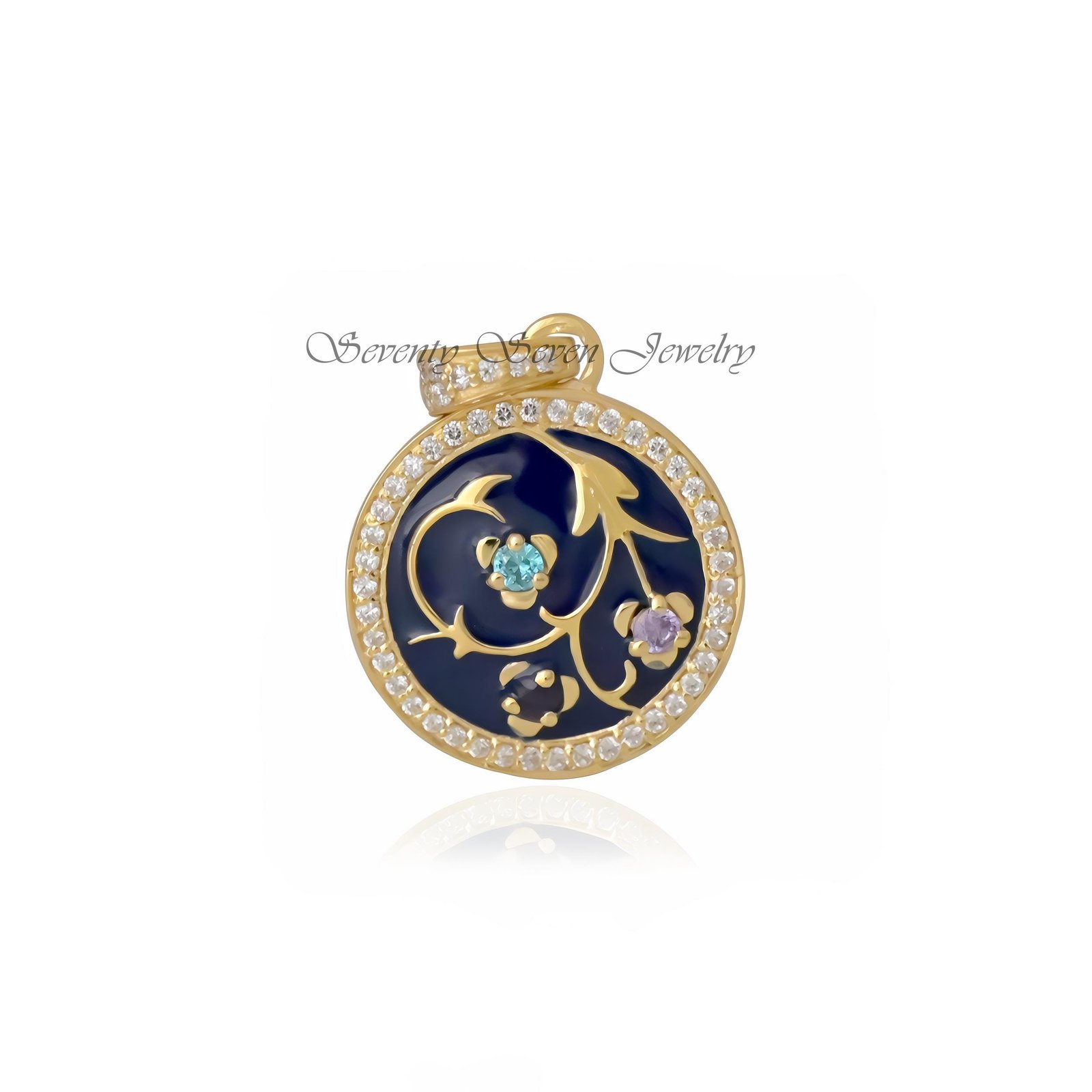 925 Silver Enamel Round Pendant: Sapphire Floral Charm - View 4 - Seventy Seven Jewelry | SKU: SSMJP257-SLRHDITLELTQ-2026 925 Silver Enamel Round Pendant: Sapphire Floral Charm - View 4 - Seventy Seven Jewelry | SKU: SSMJP257-SLRHDITLELTQ-2026