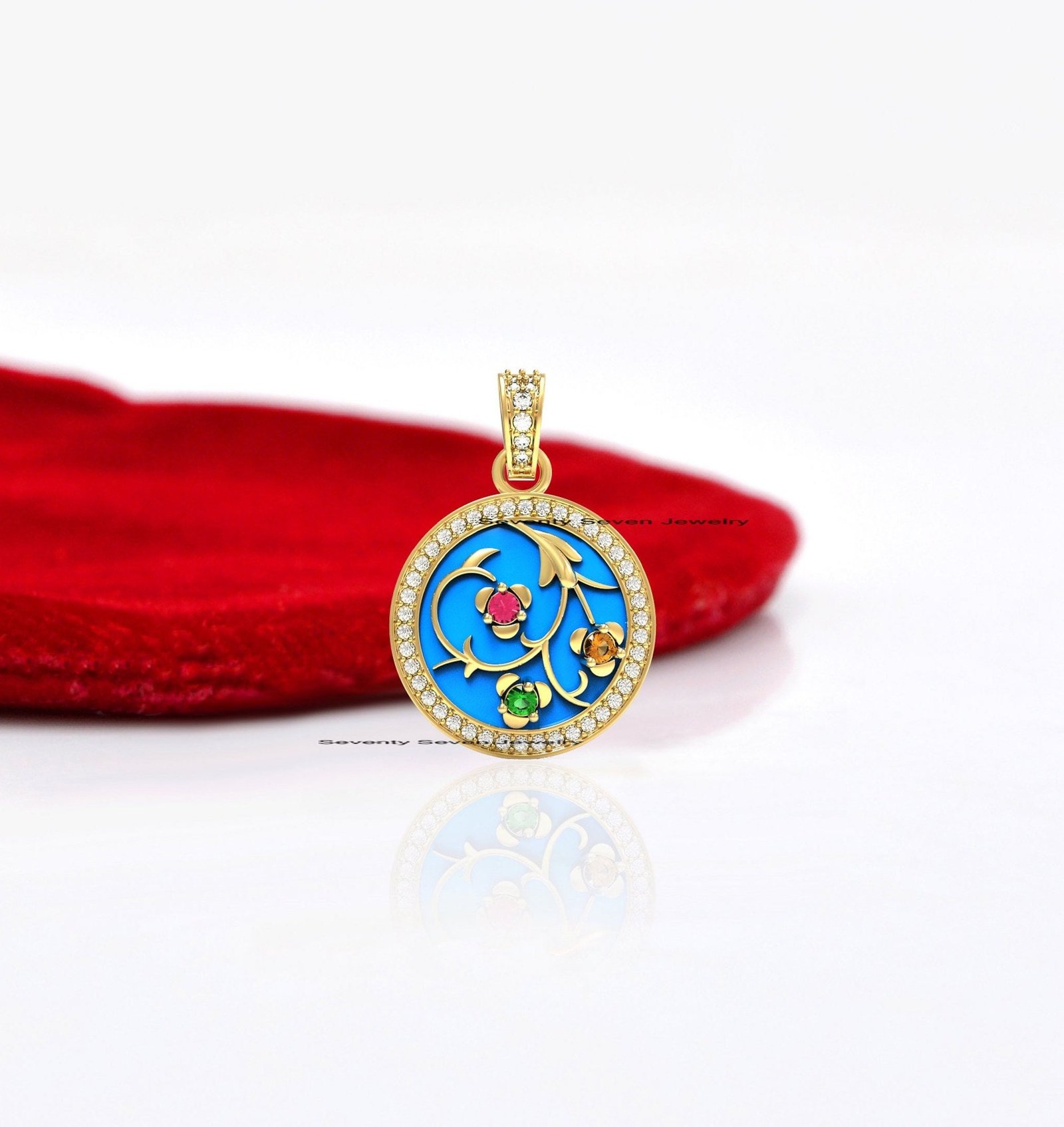 925 Silver Enamel Round Pendant: Sapphire Floral Charm - View 6 - Seventy Seven Jewelry | SKU: SSMJP257-SLRHDITLELTQ-2026 925 Silver Enamel Round Pendant: Sapphire Floral Charm - View 6 - Seventy Seven Jewelry | SKU: SSMJP257-SLRHDITLELTQ-2026
