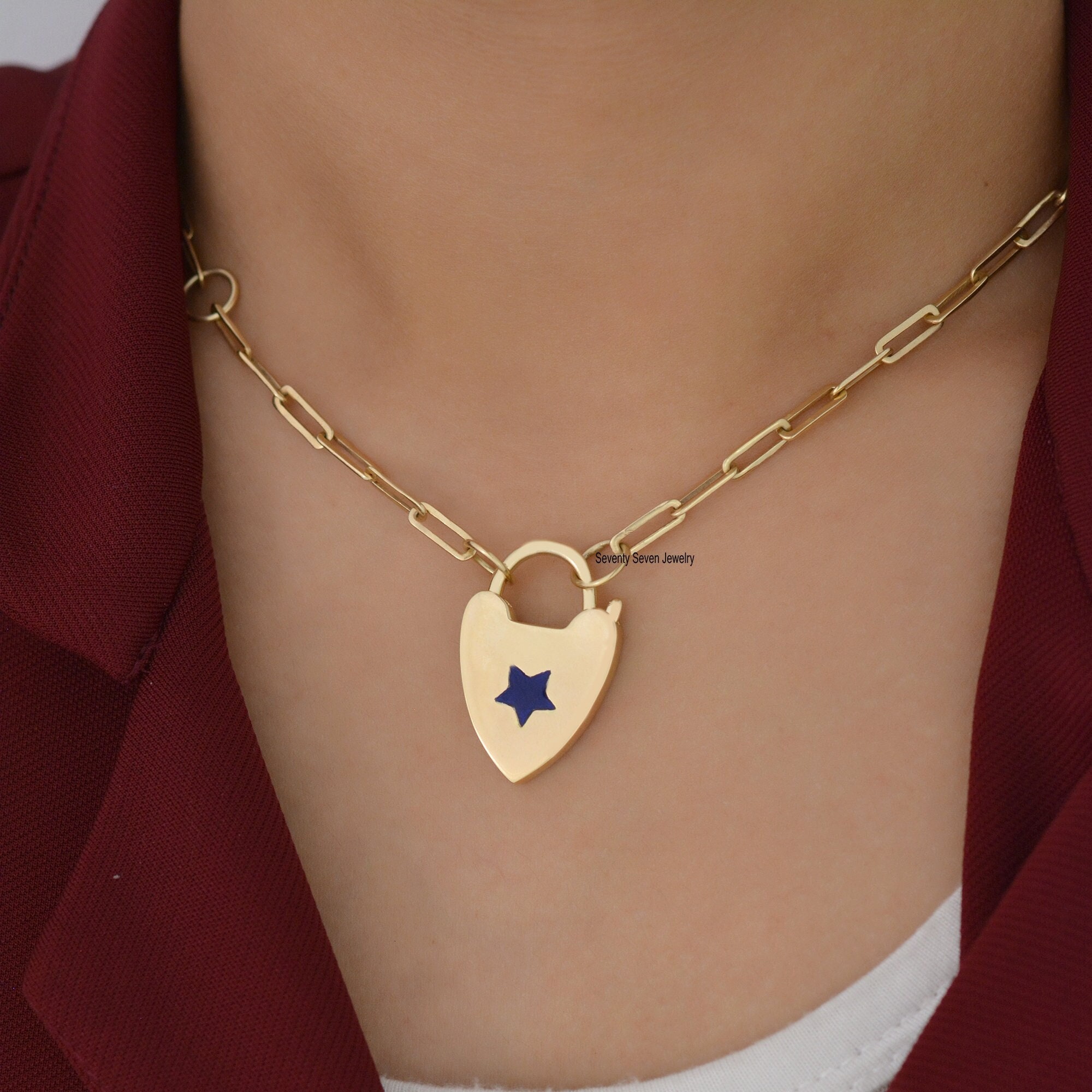 925 Silver Enamel Star Heart Padlock Pendant - View 2 - Seventy Seven Jewelry | SKU: SSMJP47-SLYGELP-2026 925 Silver Enamel Star Heart Padlock Pendant - View 2 - Seventy Seven Jewelry | SKU: SSMJP47-SLYGELP-2026