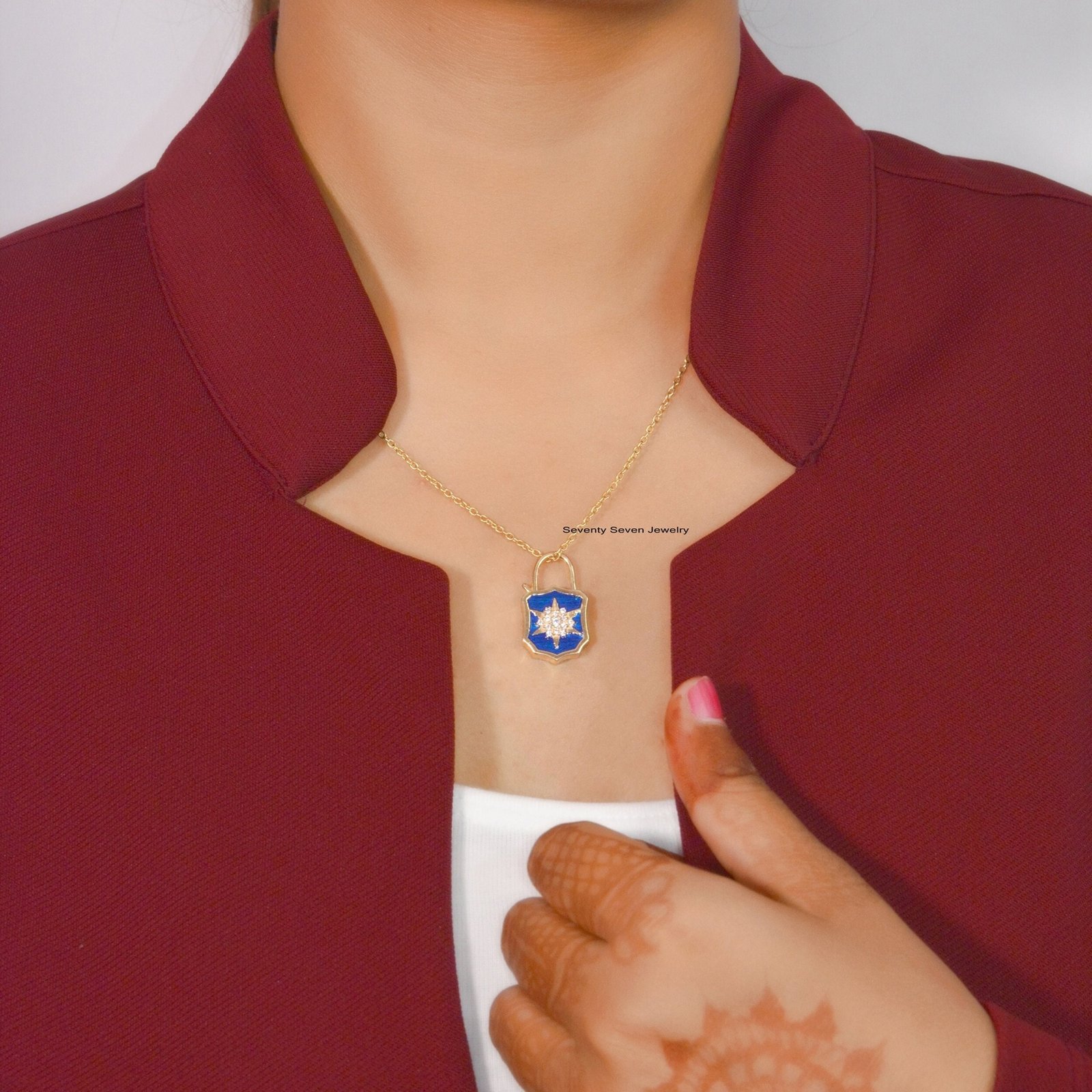 925 Silver Enamel Starburst Padlock Necklace: Handmade Designer Jewelry - Seventy Seven Jewelry | SKU: SSMJP499-SLYGELBCZ-47- 925 Silver Enamel Starburst Padlock Necklace: Handmade Designer Jewelry - Seventy Seven Jewelry | SKU: SSMJP499-SLYGELBCZ-47-