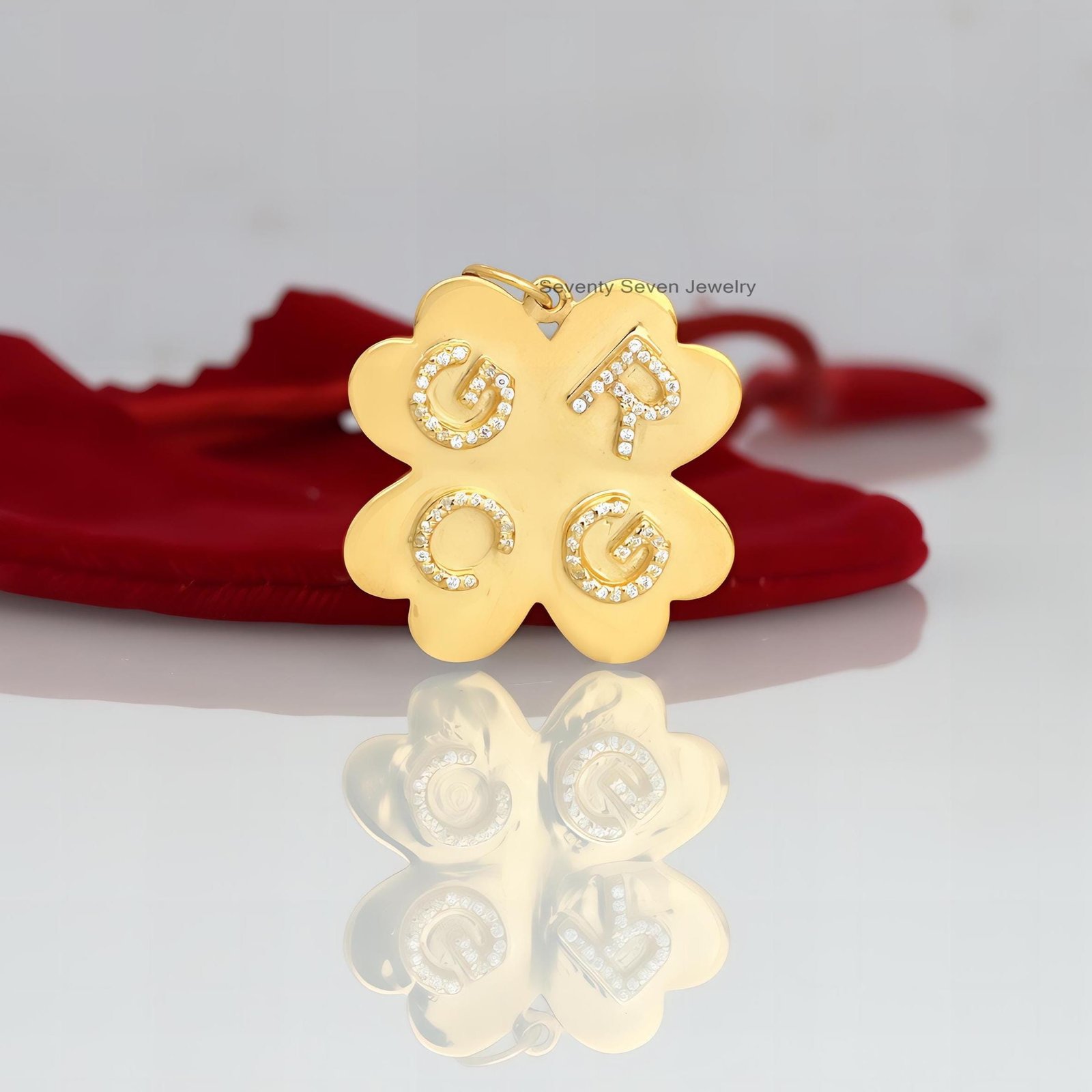 925 Silver Flower Initial Pendant: Custom Gold Vermeil Jewelry - View 3 - Seventy Seven Jewelry | SKU: SSMJP3479-SLYGCZ-30M 925 Silver Flower Initial Pendant: Custom Gold Vermeil Jewelry - View 3 - Seventy Seven Jewelry | SKU: SSMJP3479-SLYGCZ-30M