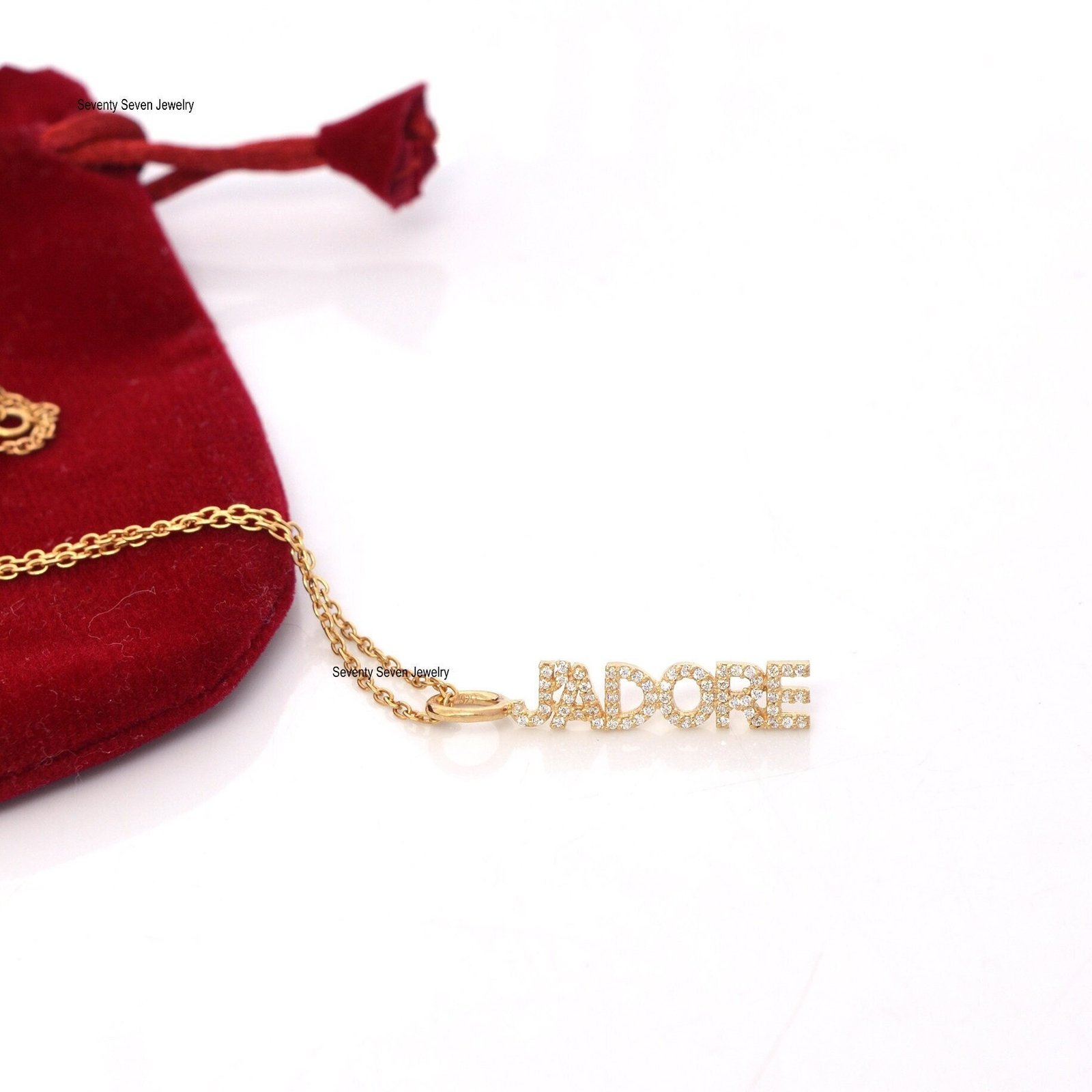 925 Silver Jadore Name Pendant: Pave Letter Necklace - View 3 - Seventy Seven Jewelry | SKU: SSMJP521-SLYGCZ-2026 925 Silver Jadore Name Pendant: Pave Letter Necklace - View 3 - Seventy Seven Jewelry | SKU: SSMJP521-SLYGCZ-2026