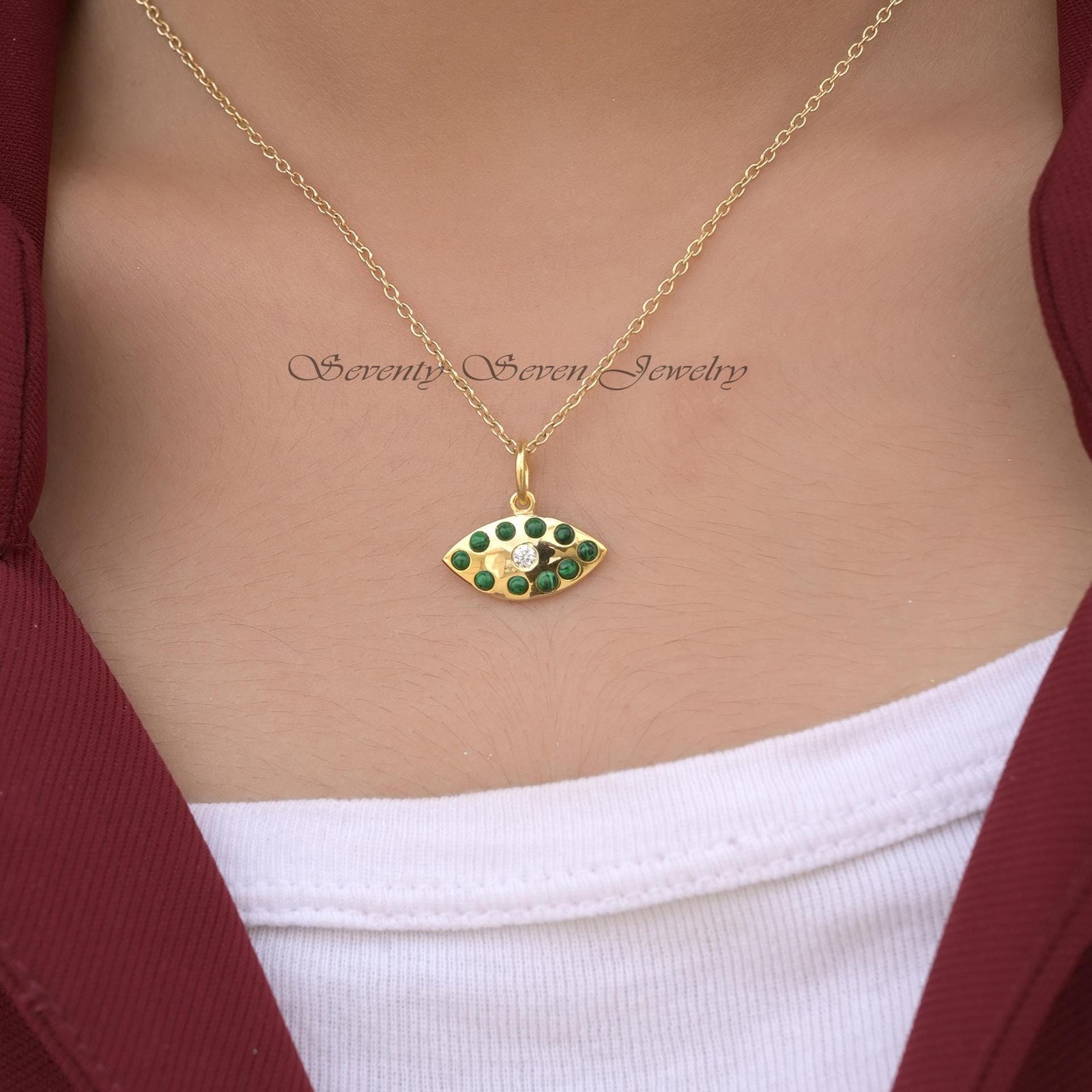 925 Silver Malachite Evil Eye Charm Pendant: Moissanite Accent - View 2 - Seventy Seven Jewelry | SKU: SSMJP2818-SLYGMKMN 925 Silver Malachite Evil Eye Charm Pendant: Moissanite Accent - View 2 - Seventy Seven Jewelry | SKU: SSMJP2818-SLYGMKMN
