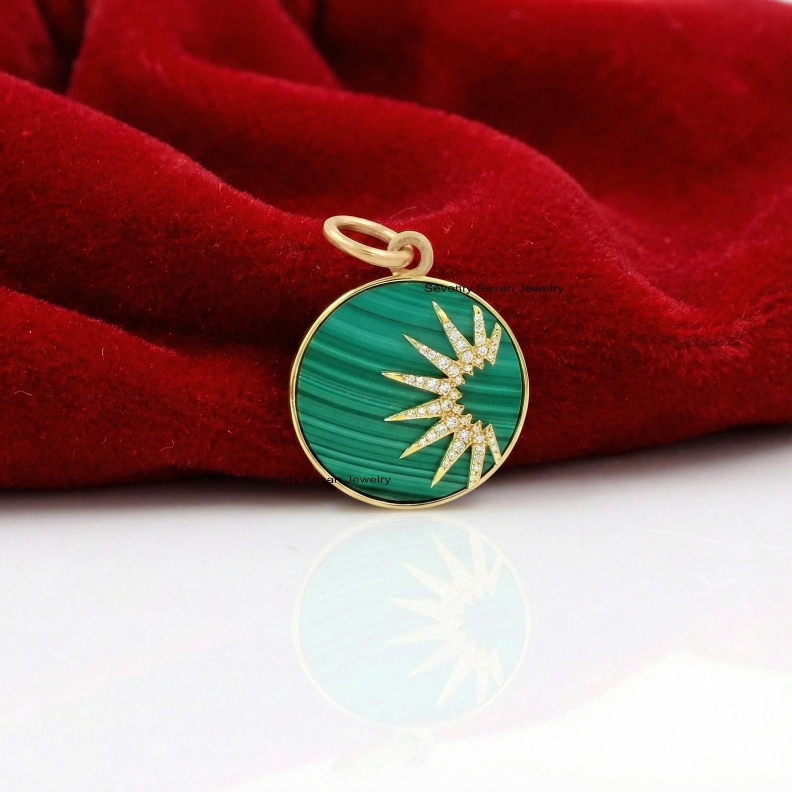 925 Silver Malachite Star Disc Pendant: Gemstone Charm (25 MM) - Seventy Seven Jewelry | SKU: SSMJP1110-SLYGDIPO-25M-2026 925 Silver Malachite Star Disc Pendant: Gemstone Charm (25 MM) - Seventy Seven Jewelry | SKU: SSMJP1110-SLYGDIPO-25M-2026