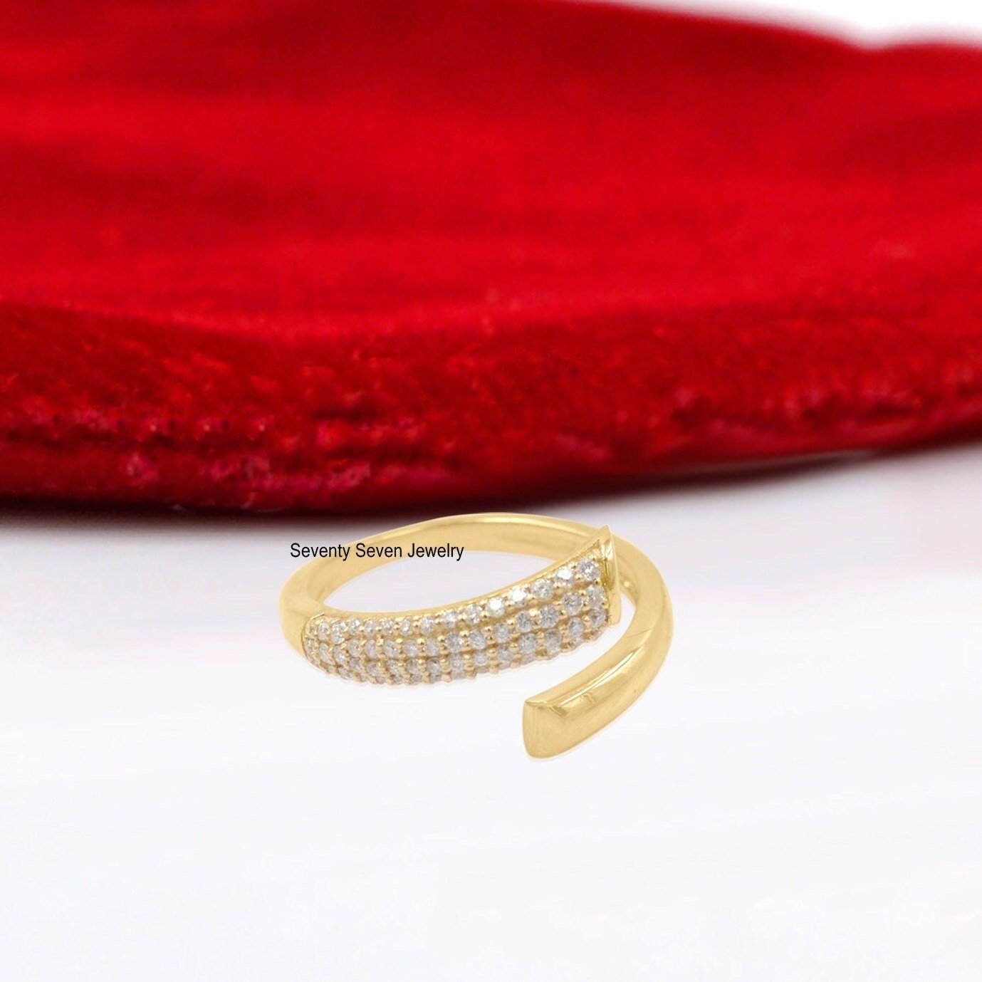 925 Silver Moissanite Cuff Ring: Criss Cross Band - View 3 - Seventy Seven Jewelry | SKU: SSMJR1002-SLYG-2026 925 Silver Moissanite Cuff Ring: Criss Cross Band - View 3 - Seventy Seven Jewelry | SKU: SSMJR1002-SLYG-2026