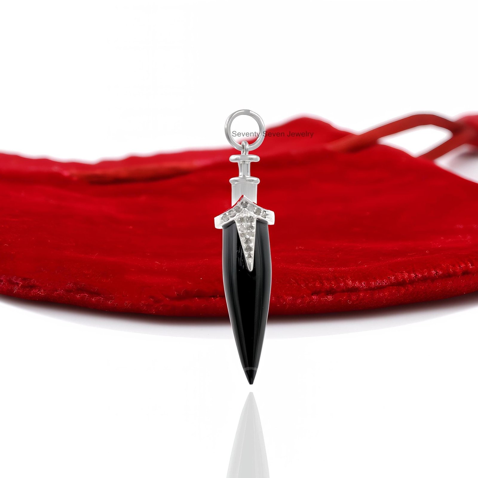 925 Silver Moissanite Dagger Pendant, Knife Charm, Gemstone Horn - View 3 - Seventy Seven Jewelry | SKU: SSMJP1146-SLRGDIBO-4 925 Silver Moissanite Dagger Pendant, Knife Charm, Gemstone Horn - View 3 - Seventy Seven Jewelry | SKU: SSMJP1146-SLRGDIBO-4
