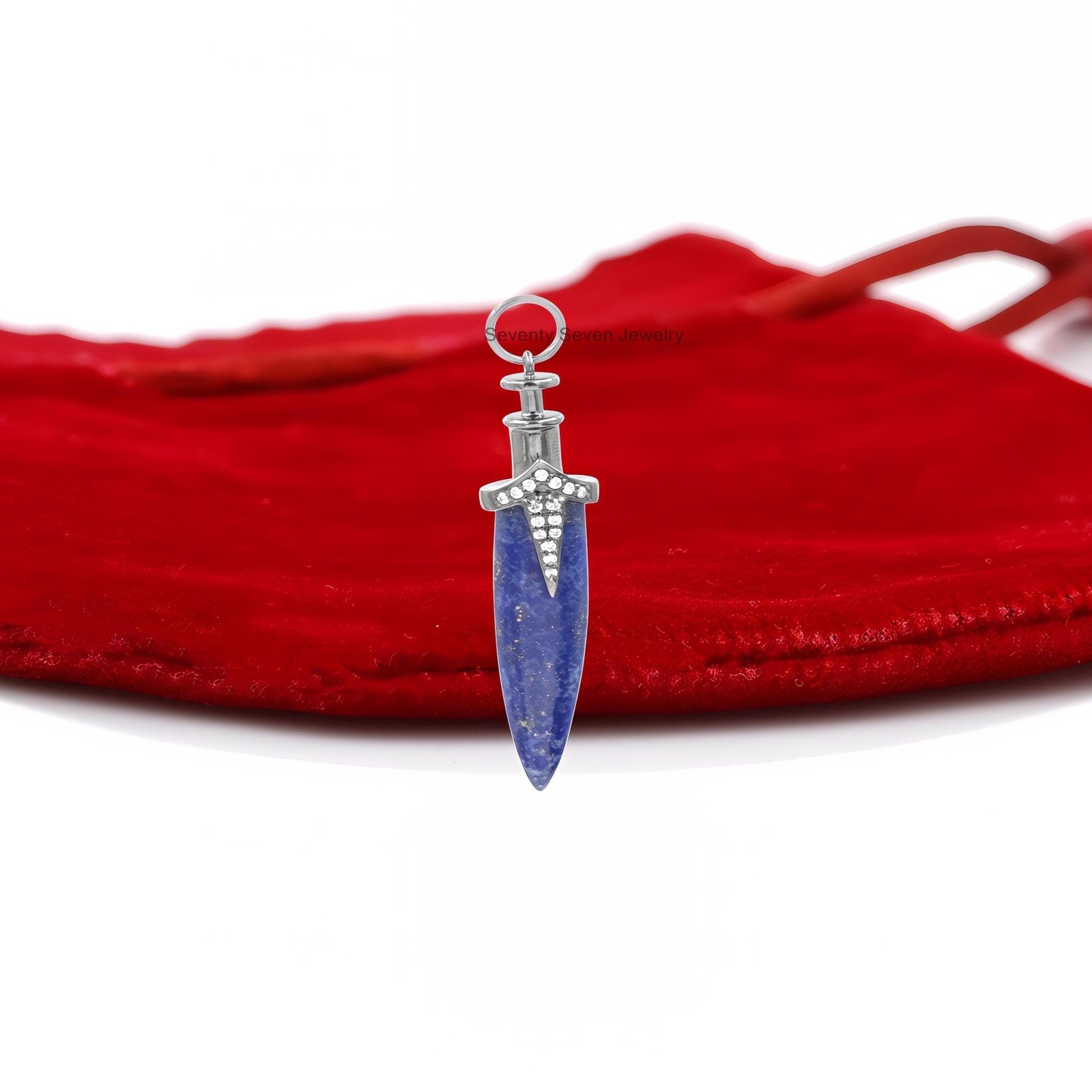 925 Silver Moissanite Dagger Pendant, Knife Charm, Gemstone Horn - View 5 - Seventy Seven Jewelry | SKU: SSMJP1146-SLRGDIBO-4 925 Silver Moissanite Dagger Pendant, Knife Charm, Gemstone Horn - View 5 - Seventy Seven Jewelry | SKU: SSMJP1146-SLRGDIBO-4