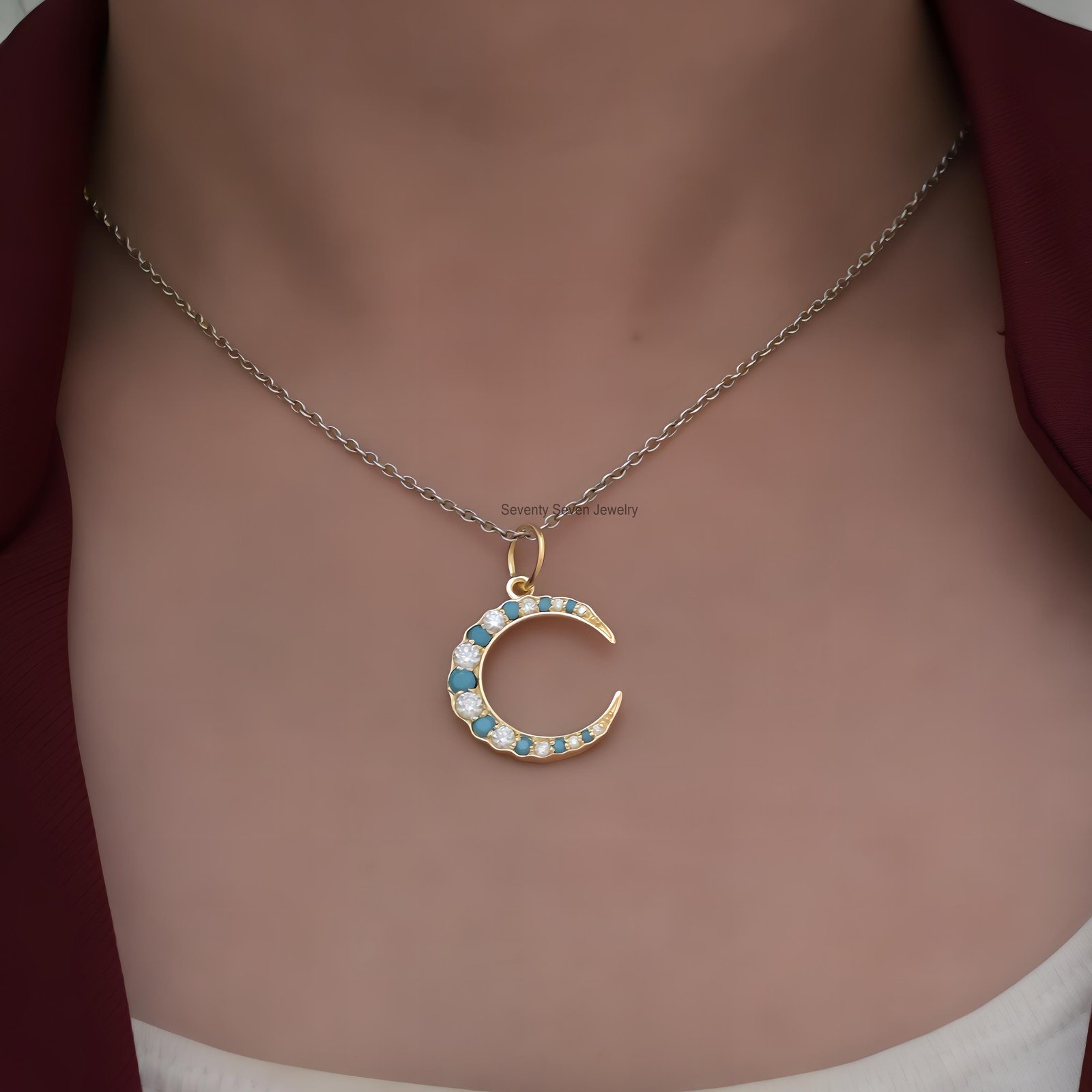 925 Silver Moissanite Moon Pendant: Gemstone Crescent Charm - Seventy Seven Jewelry | SKU: SSMJP1445-SLYGMNPL-2026 925 Silver Moissanite Moon Pendant: Gemstone Crescent Charm - Seventy Seven Jewelry | SKU: SSMJP1445-SLYGMNPL-2026
