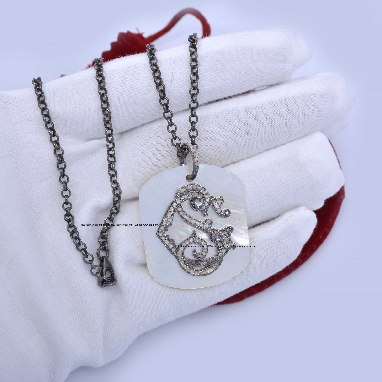 925 Silver Monogram Dog Tag Pendant: Mother of Pearl Initial Necklace - View 7 - Seventy Seven Jewelry | SKU: SSMJP631-SLRHMO 925 Silver Monogram Dog Tag Pendant: Mother of Pearl Initial Necklace - View 7 - Seventy Seven Jewelry | SKU: SSMJP631-SLRHMO