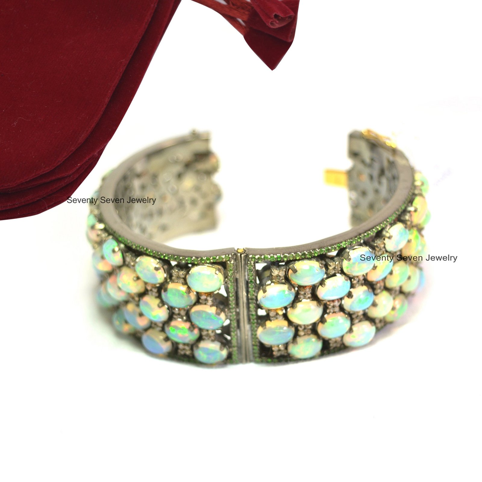 925 Silver Multi Gemstone Bangle: Opal, Diamond & Tsavorite - View 2 - Seventy Seven Jewelry | SKU: SSMJB11-SLRHDITSOP-2026 925 Silver Multi Gemstone Bangle: Opal, Diamond & Tsavorite - View 2 - Seventy Seven Jewelry | SKU: SSMJB11-SLRHDITSOP-2026