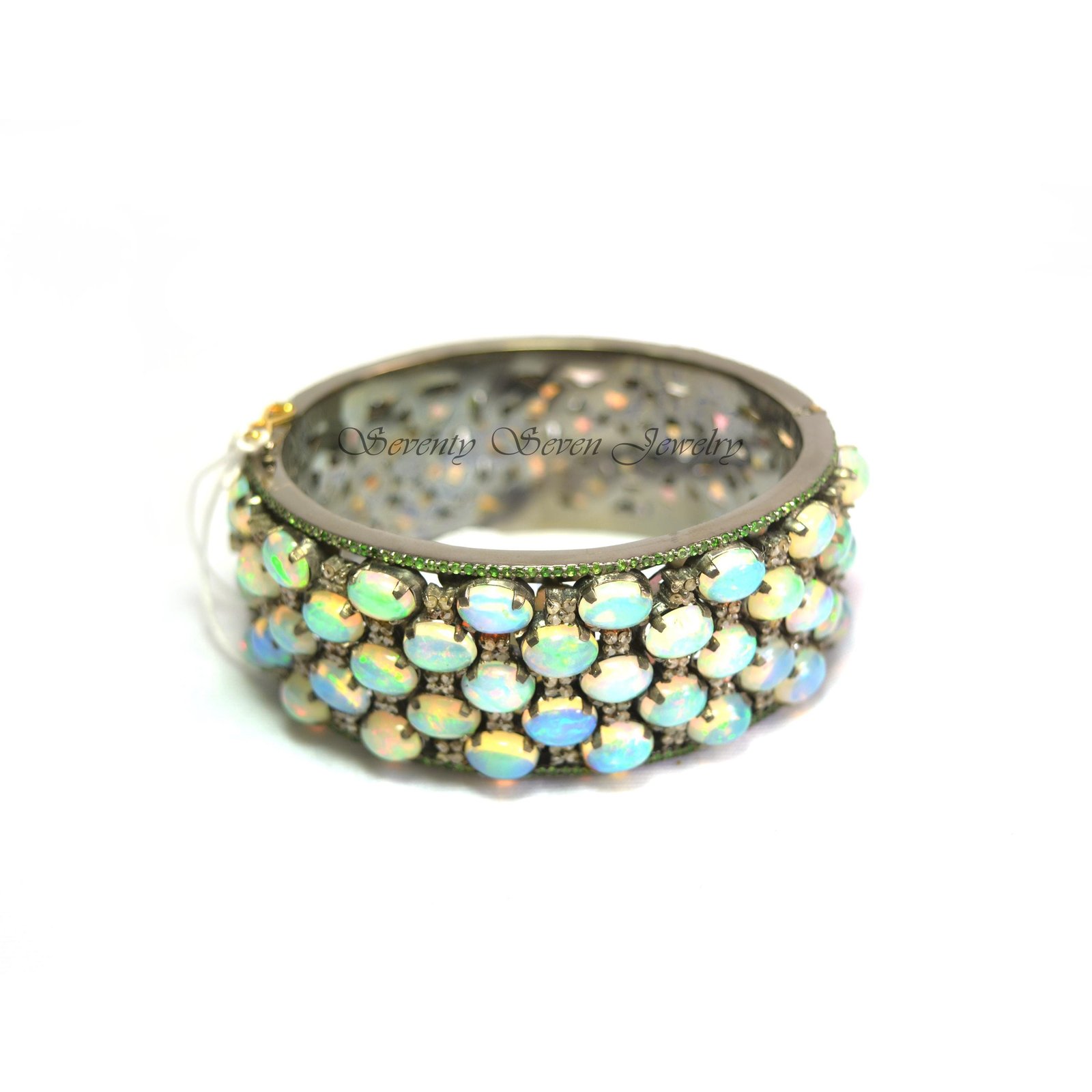 925 Silver Multi Gemstone Bangle: Opal, Diamond & Tsavorite - View 3 - Seventy Seven Jewelry | SKU: SSMJB11-SLRHDITSOP-2026 925 Silver Multi Gemstone Bangle: Opal, Diamond & Tsavorite - View 3 - Seventy Seven Jewelry | SKU: SSMJB11-SLRHDITSOP-2026