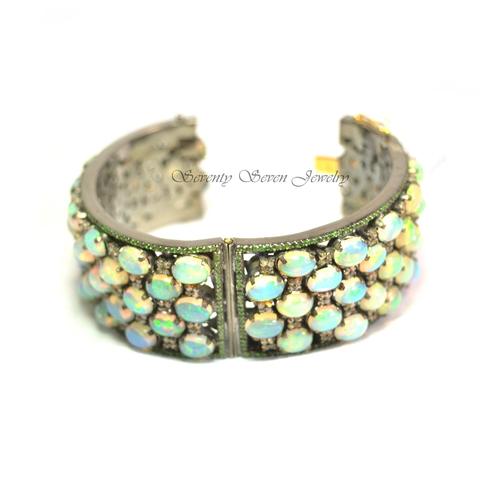 925 Silver Multi Gemstone Bangle: Opal, Diamond & Tsavorite - View 4 - Seventy Seven Jewelry | SKU: SSMJB11-SLRHDITSOP-2026 925 Silver Multi Gemstone Bangle: Opal, Diamond & Tsavorite - View 4 - Seventy Seven Jewelry | SKU: SSMJB11-SLRHDITSOP-2026