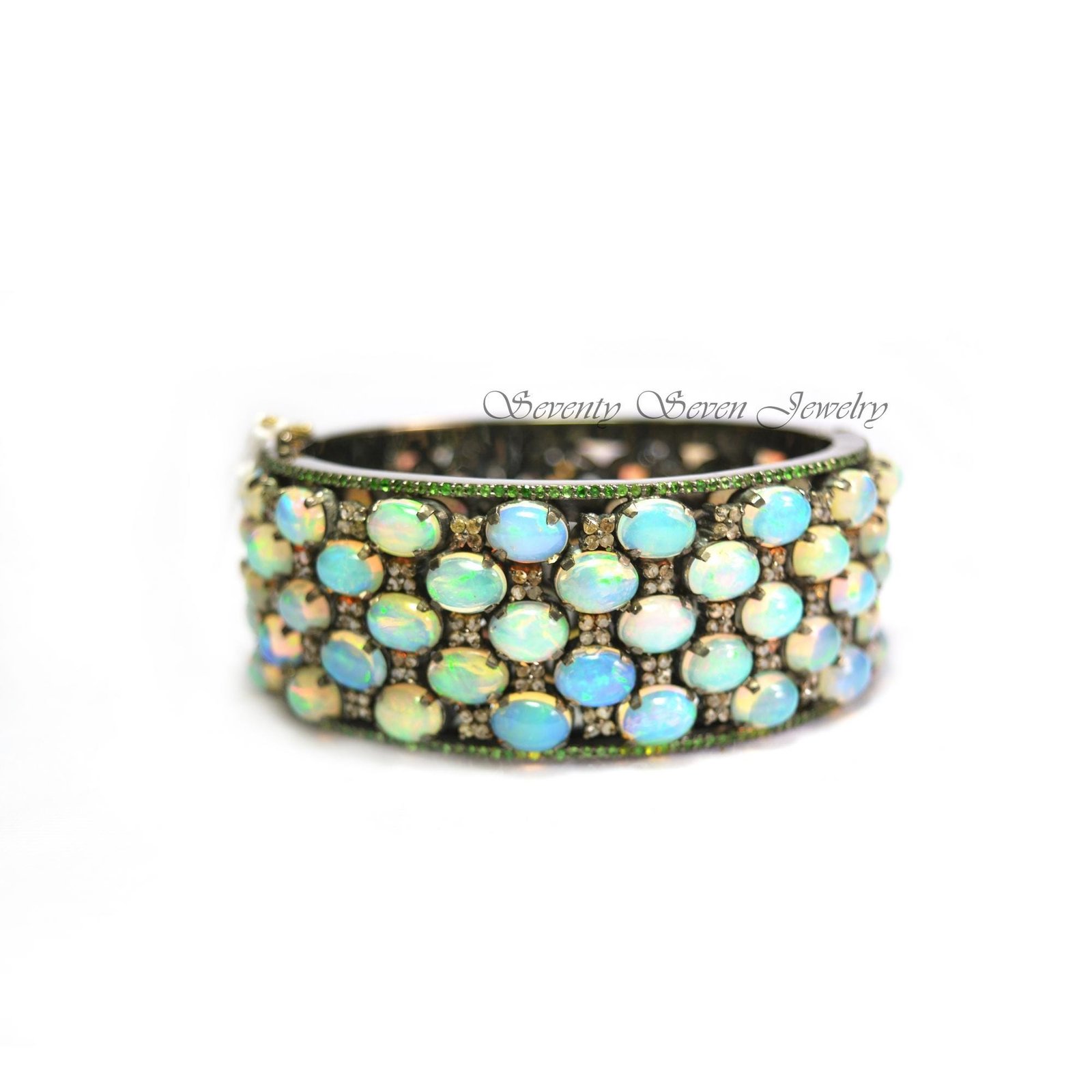 925 Silver Multi Gemstone Bangle: Opal, Diamond & Tsavorite - View 5 - Seventy Seven Jewelry | SKU: SSMJB11-SLRHDITSOP-2026 925 Silver Multi Gemstone Bangle: Opal, Diamond & Tsavorite - View 5 - Seventy Seven Jewelry | SKU: SSMJB11-SLRHDITSOP-2026