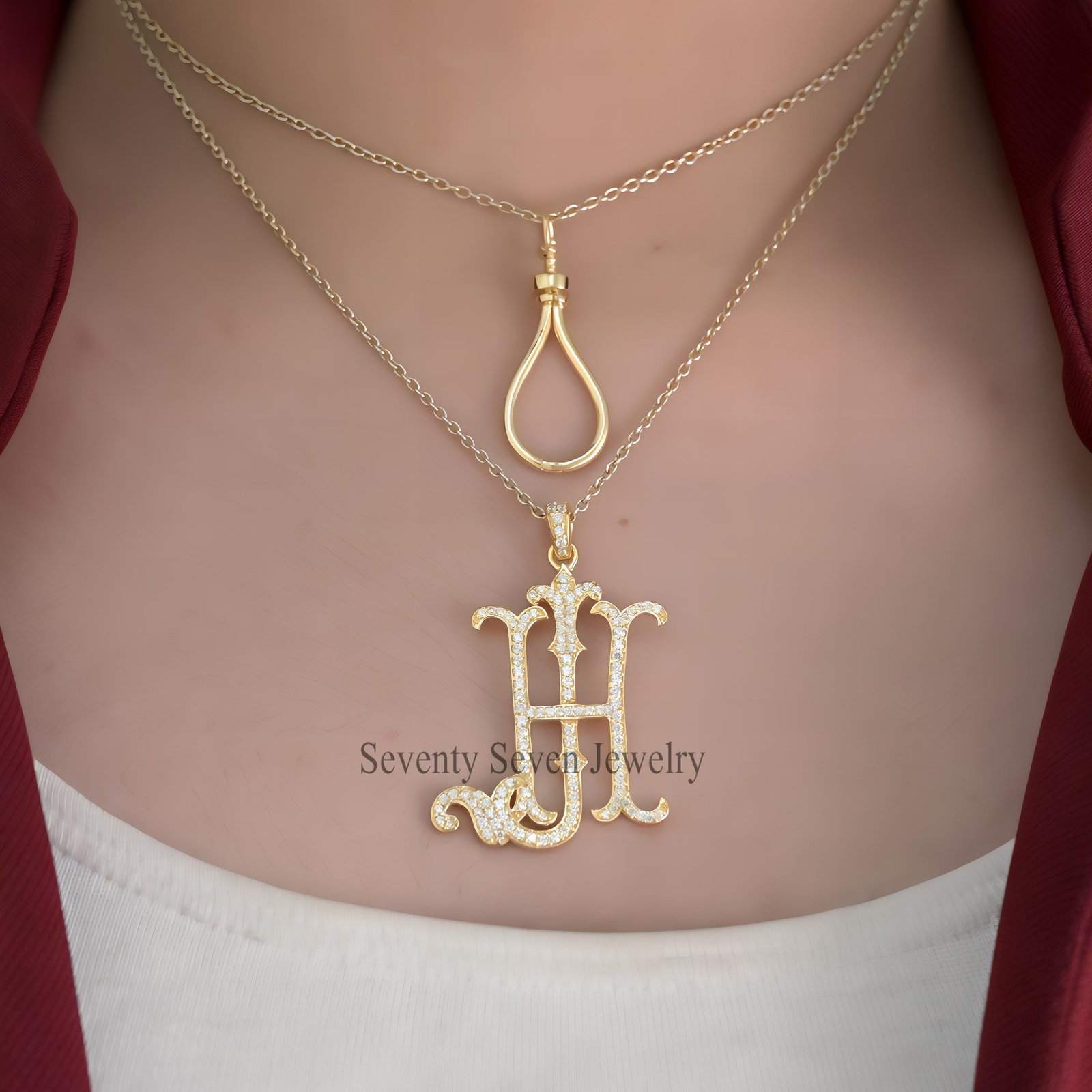925 Silver Pave Diamond Initial Pendant: Custom Handmade Monogram - View 3 - Seventy Seven Jewelry | SKU: SSMJP513-SLRHDI-202 925 Silver Pave Diamond Initial Pendant: Custom Handmade Monogram - View 3 - Seventy Seven Jewelry | SKU: SSMJP513-SLRHDI-202
